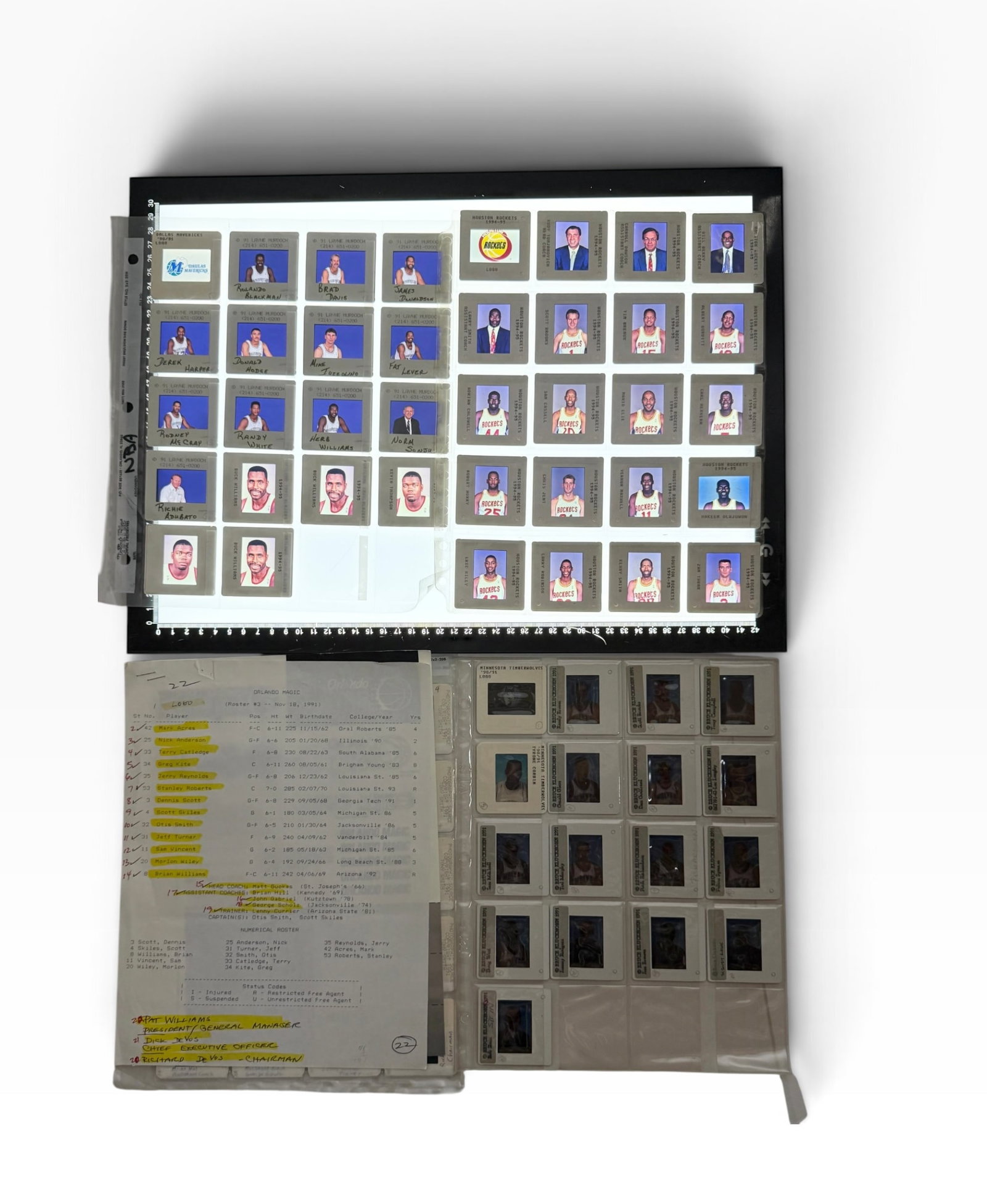 199495 NBA Team Slides Houston Rockets Orlando Magic More: Large archive of mounted original made for NBA color transparencies from the 1994-95 era, prominently featuring Houston Rockets and Orlando Magic players, coaches and team material, with additional ro