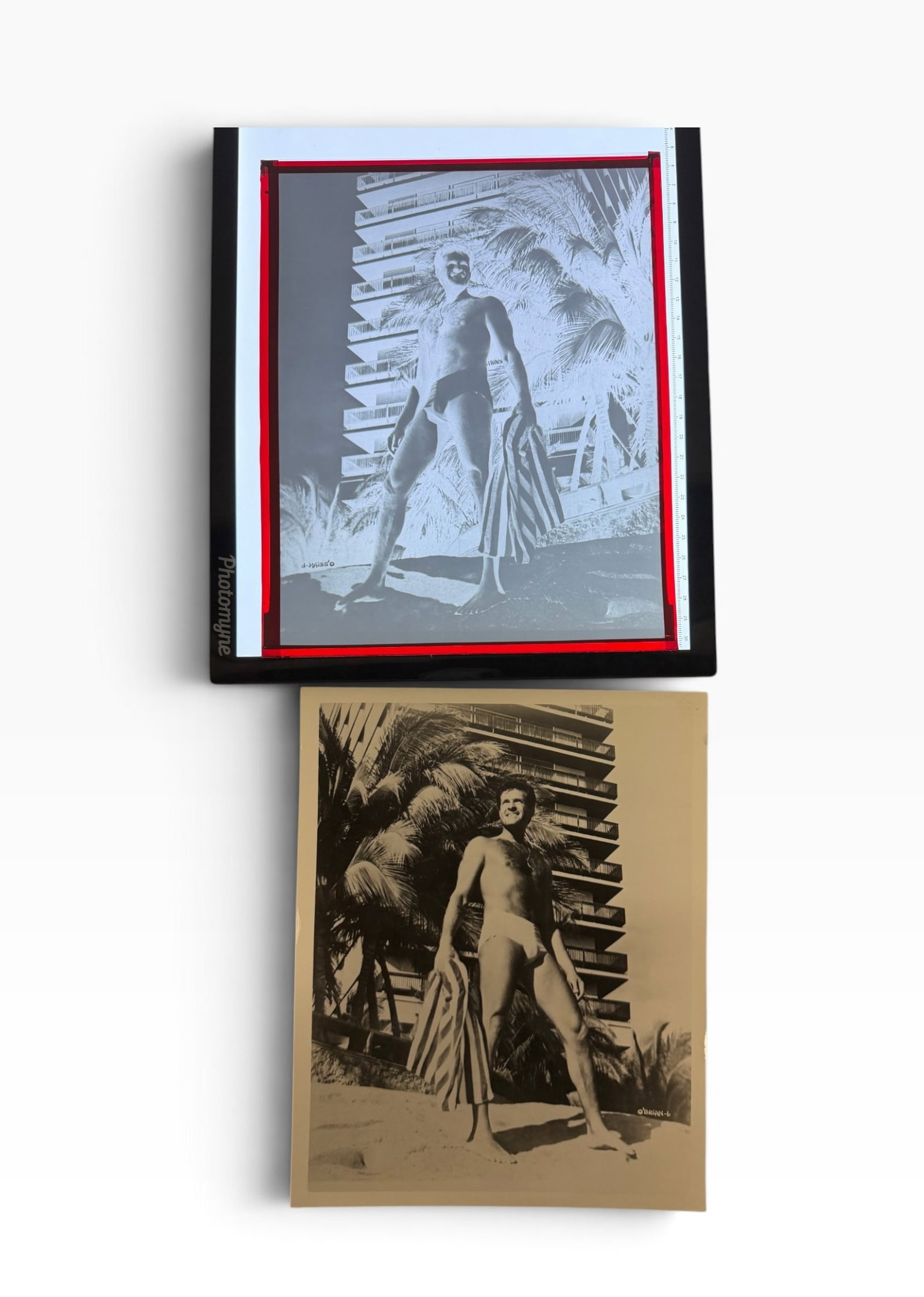 Vintage Male Hugh OBrian in swimwear LargeFormat Negative Photograph: Vintage large-format photographic negative/transparency with matching black-and-white print depicting a male swimsuit model posed outdoors near a resort or beach setting. Sold together as shown.