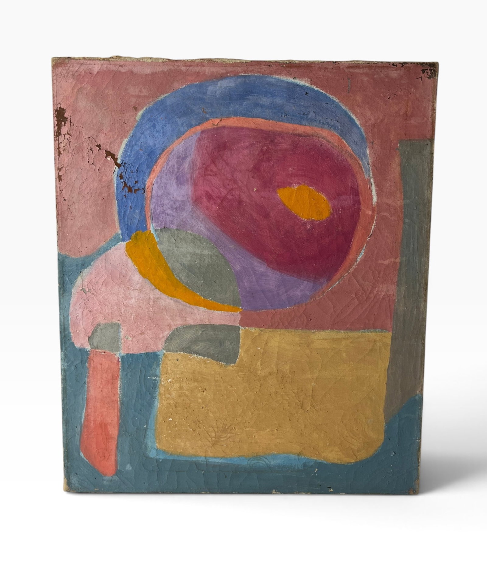 MidCentury Abstract Composition in Pink Blue Ochre Oil Painting on Canvas: Abstract modernist painting featuring rounded geometric forms in muted pink, blue, purple, ochre and gray tones. Unsigned or signature not visible in the provided image. Surface shows age-related craq