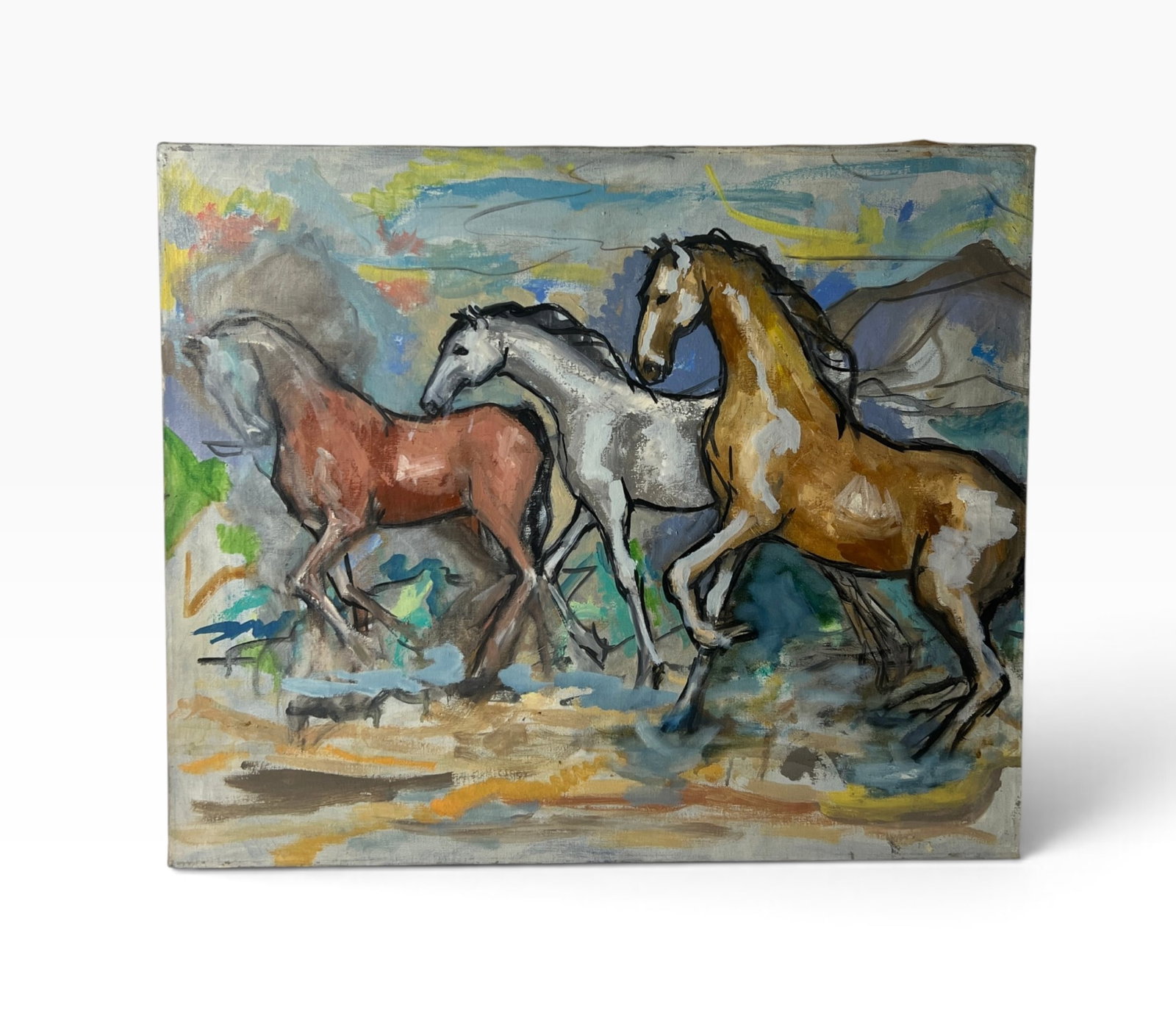 Mid Century Oil Painting on Canvas Modernist Painting of Three Running Horses (1 of 7)