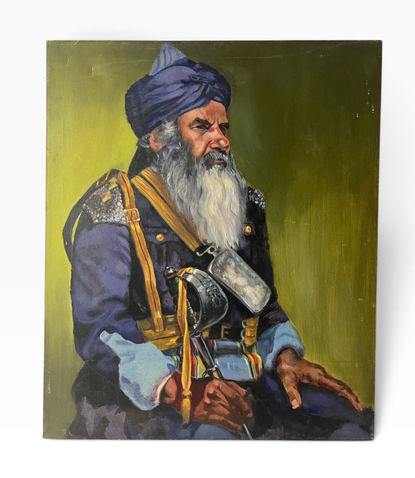 Portrait of Bearded Man in Blue Turban and Military Dress: Detailed portrait painting of a bearded man wearing a deep blue turban and dark military-style uniform with straps, decorated equipment and gloves. Artist signature not visible in the provided image. 