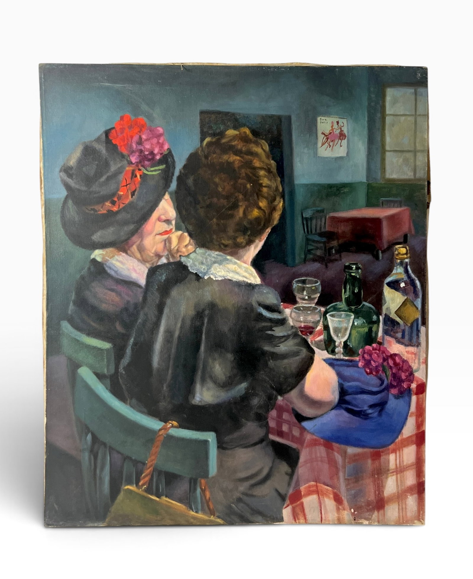 Vintage Caf Interior Painting with Two Women: Vintage interior genre painting depicting two women seated closely at a caf? table with glassware, bottles and flowers. Rich period dress and muted blue-green interior. Artist signature not visible in