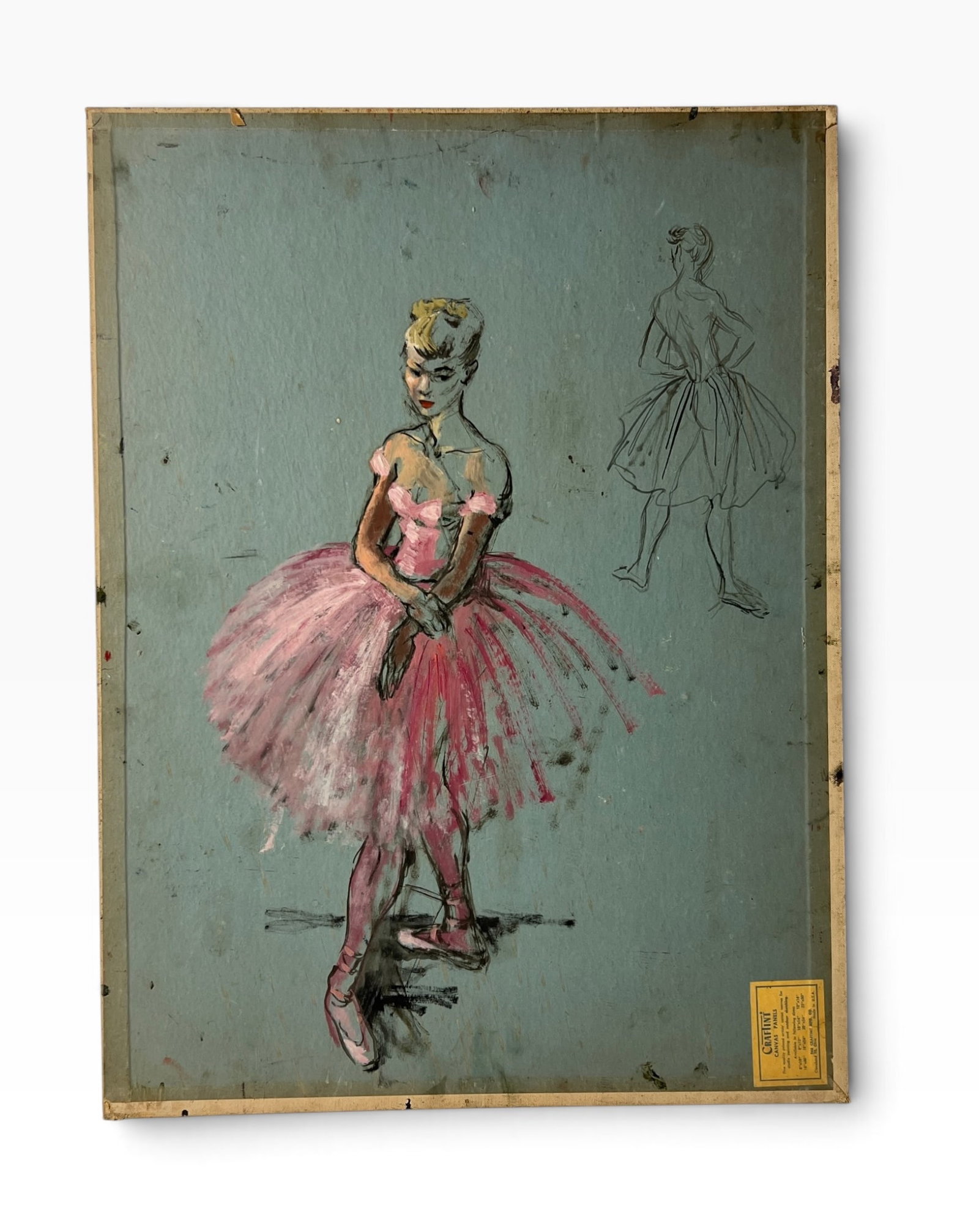 MidCentury Ballerina Costume Study Painting on Board: Vintage theatrical costume or ballet study depicting a ballerina in a pink tutu with a secondary figure sketch at upper right. Painted and drawn on a blue-green board; a small gallery/dealer label is 