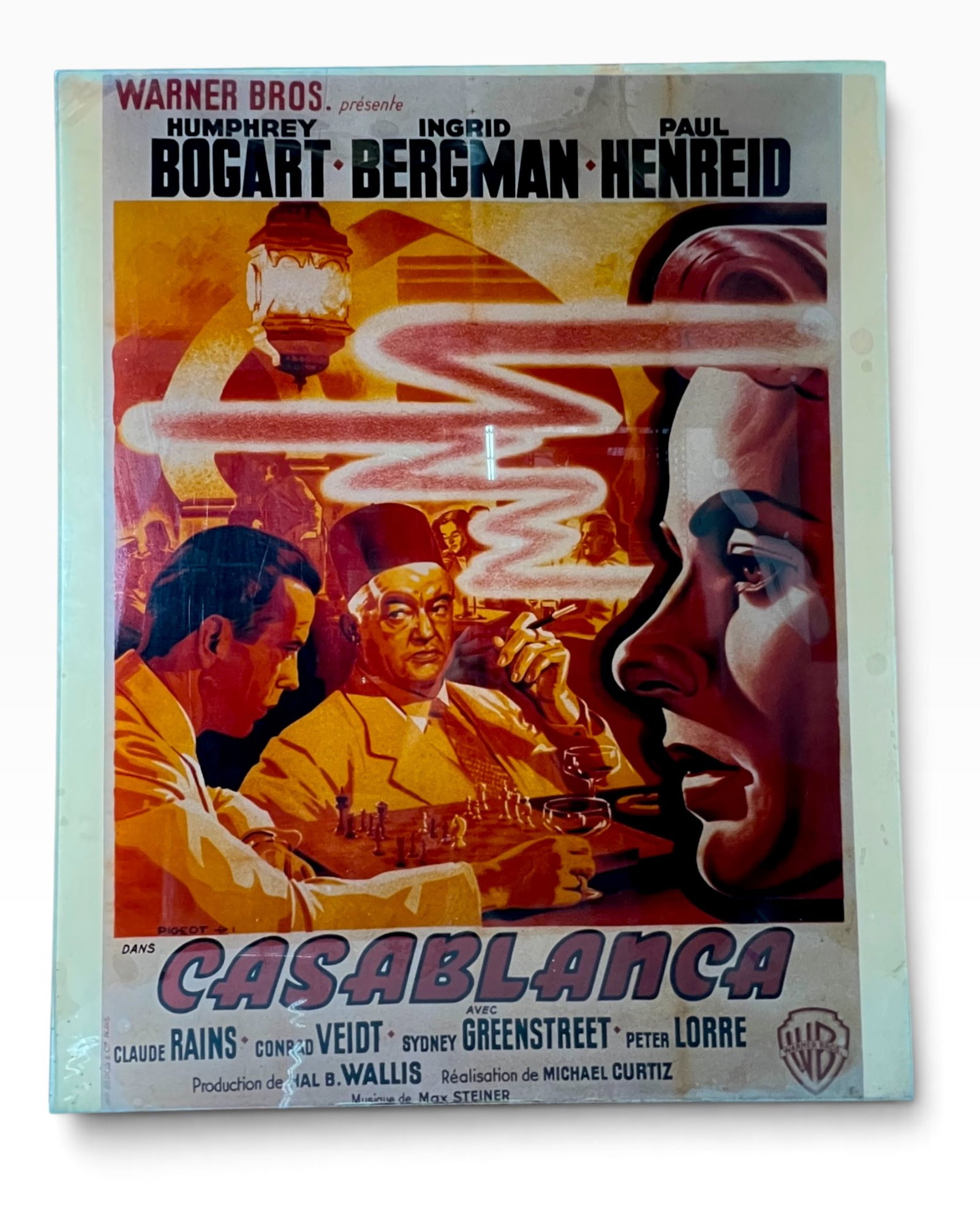 Vintage Casablanca French Movie Poster Printed on Photopaper glued on plexiglass: French-language poster for the classic Warner Bros. film 'Casablanca,' featuring Humphrey Bogart, Ingrid Bergman and Paul Henreid, with supporting cast names including Claude Rains, Conrad Veidt, Sydn