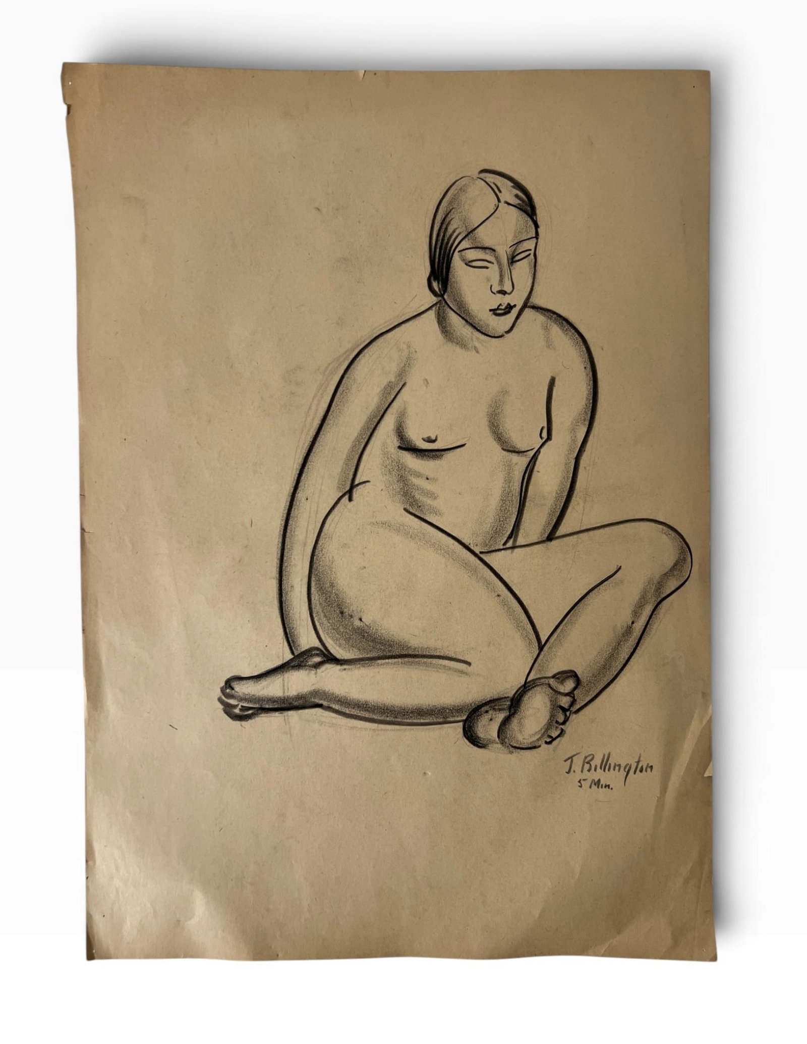 T Billington Signed Seated Nude Figure Drawing: Vintage charcoal figure study on paper depicting a seated nude female model. Signed 'T. Billington' at lower right and additionally inscribed beneath the signature. Paper shows toning, creases and edg