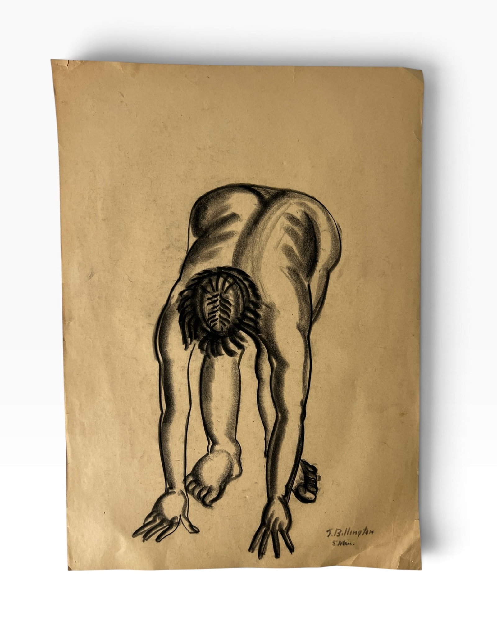 T Billington Signed Crouching Nude Figure Drawing: Vintage charcoal figure study on paper depicting a nude model in a forward-bending crouched pose. Signed 'T. Billington' at lower right with an additional inscription beneath the signature. Paper show