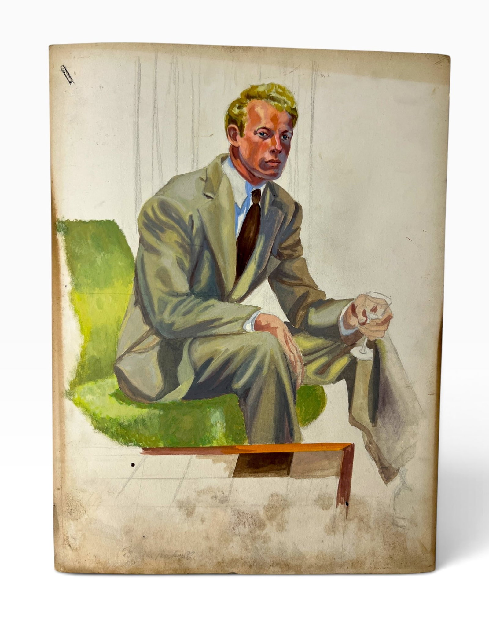 Vintage Unfinished Portrait Study of a Seated Man: Vintage painted portrait study on board or heavy paper depicting a seated blond man in a gray suit and tie. The portrait is substantially developed in the figure while portions of the chair and surrou