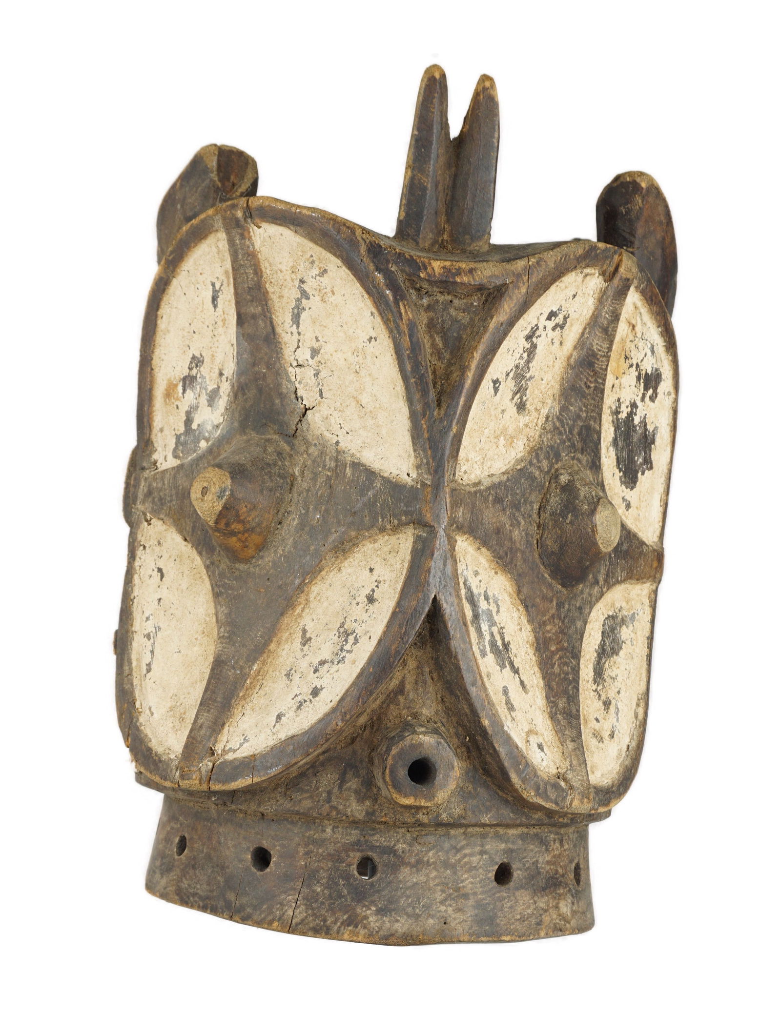 Bembe Echawokaba Helmet: Mid 20th Century. A really cool mask that is in a very nice condition to display. Probably a somewhat later example, but honestly made and likely tribally used. Comes with a display stand. Has some