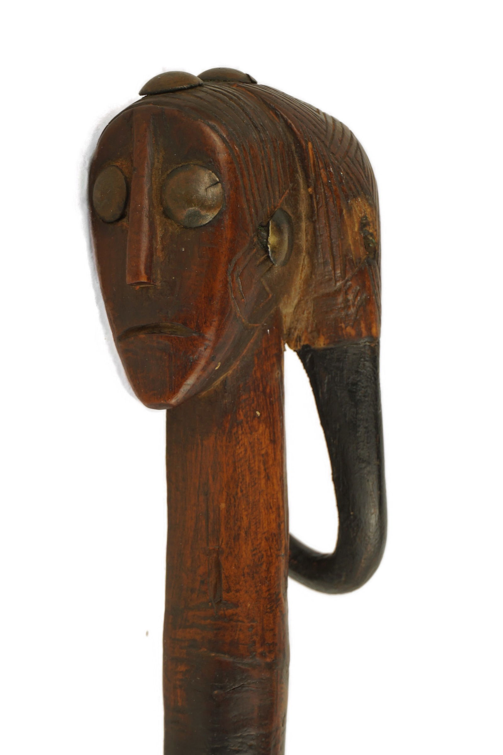 Ovimbundu Staff: Early 20th Century. A wonderful staff with an amazing patina. The Ovimbundu are a Bantu ethnic group who live on the Bié Plateau of central Angola and in the coastal strip west of these highlands.