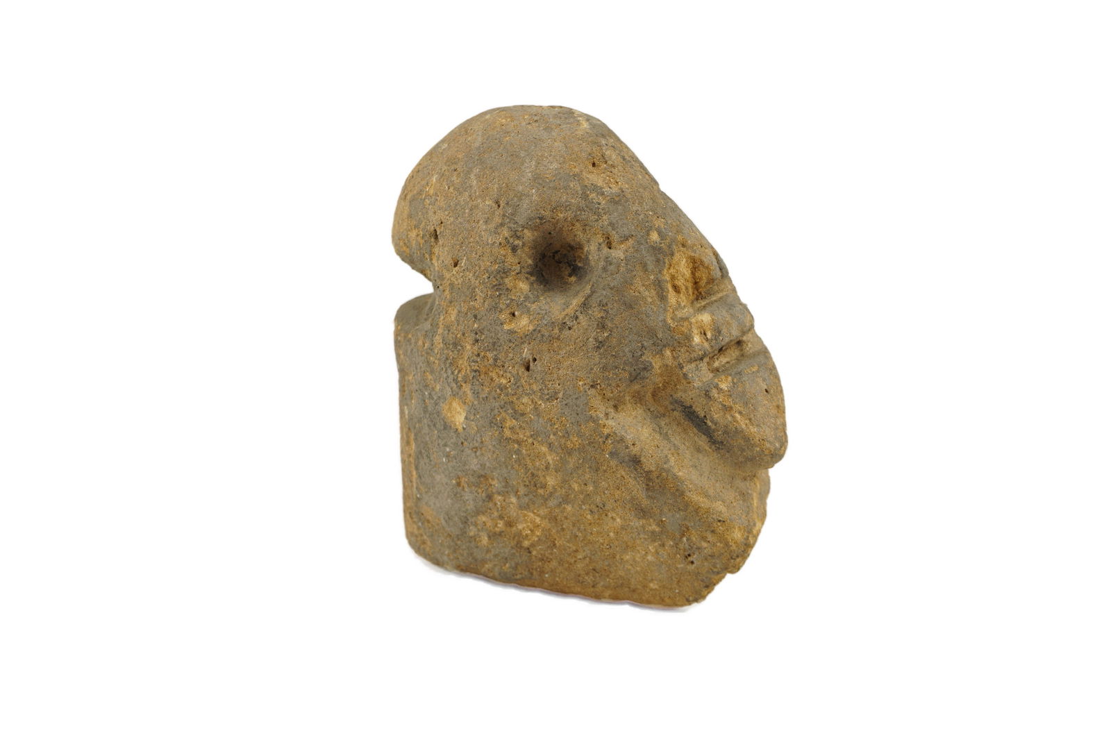 Native American Stone Effigy Head: A Native American stone effigy head, likely Mississippian. These types of heads are still shrouded in mystery and considered rare. Previous private collection of dealer, San Francisco. We guarantee