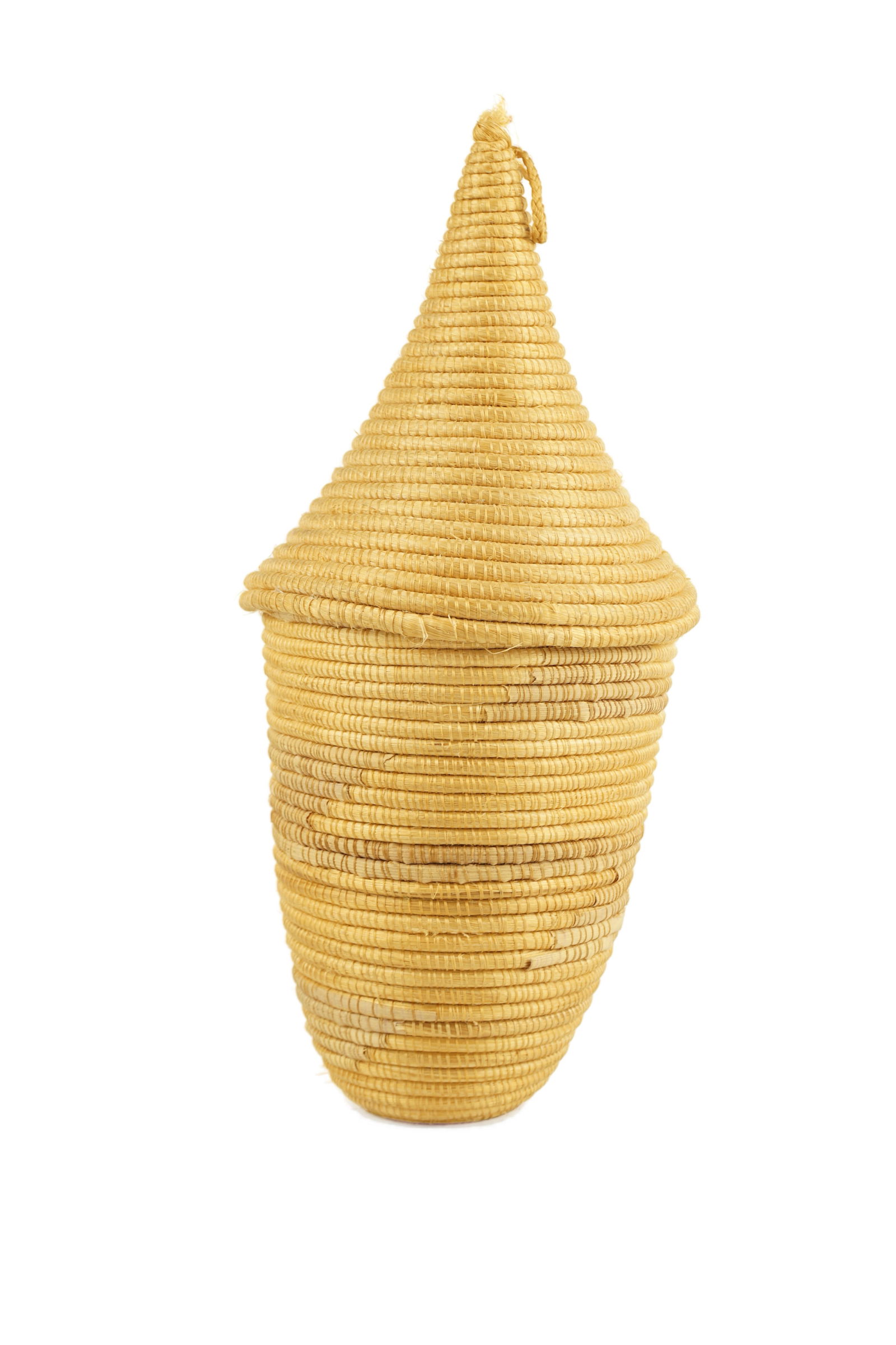 Rwanda Tutsi Basket: A later example of a Tutsi basket, that was possibly made for sale. Presents well and is a nice display piece. The fiber loop at the top of the lid is nearly disconnected. Provenance of a dealer in