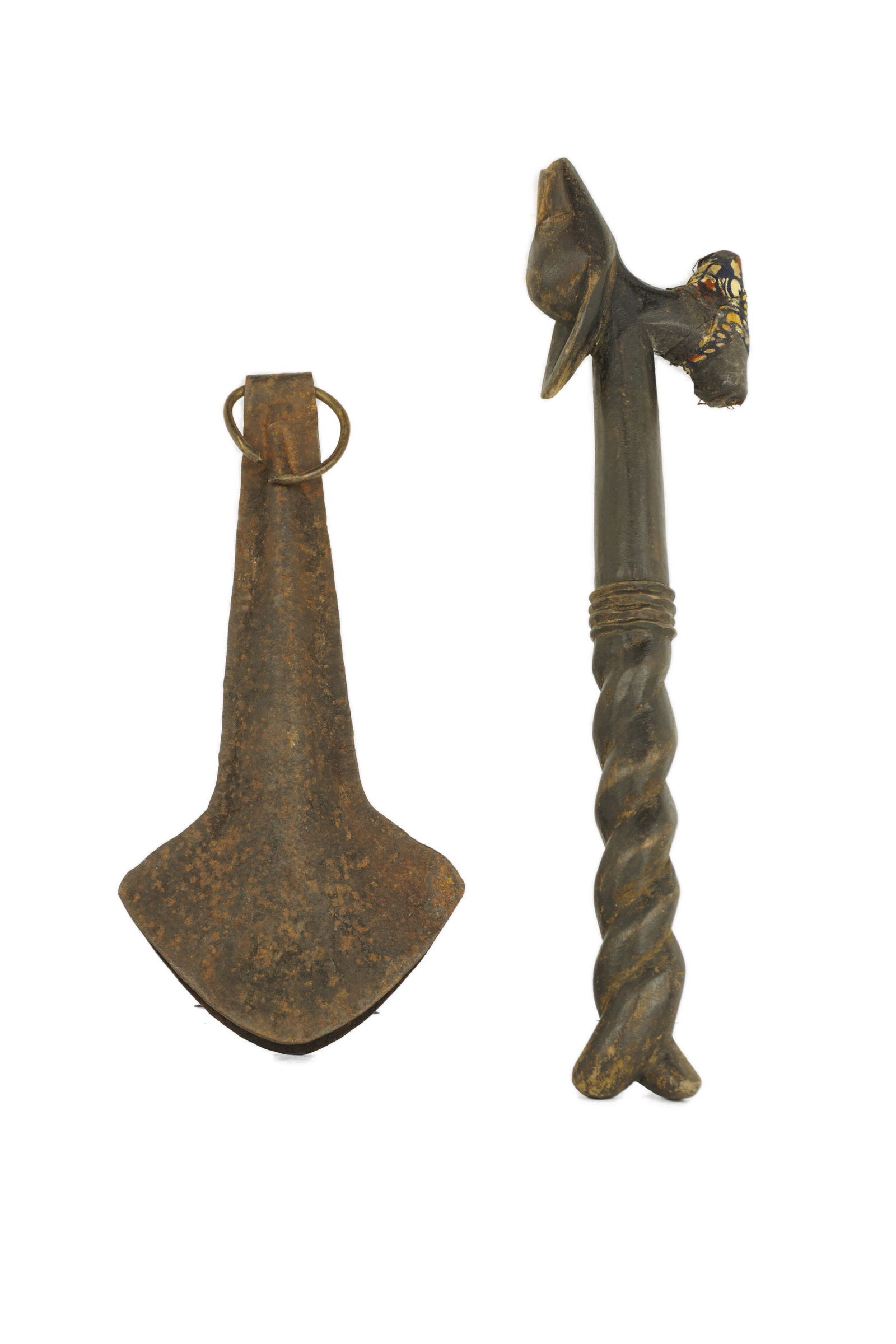 Baule Gong and Beater (Lawle): A Baule gong and gong beater (Lawle) that would have been used during rituals to strike the gong. The gong is older than the beater, with the beater probably coming in as mid century. The Lawle