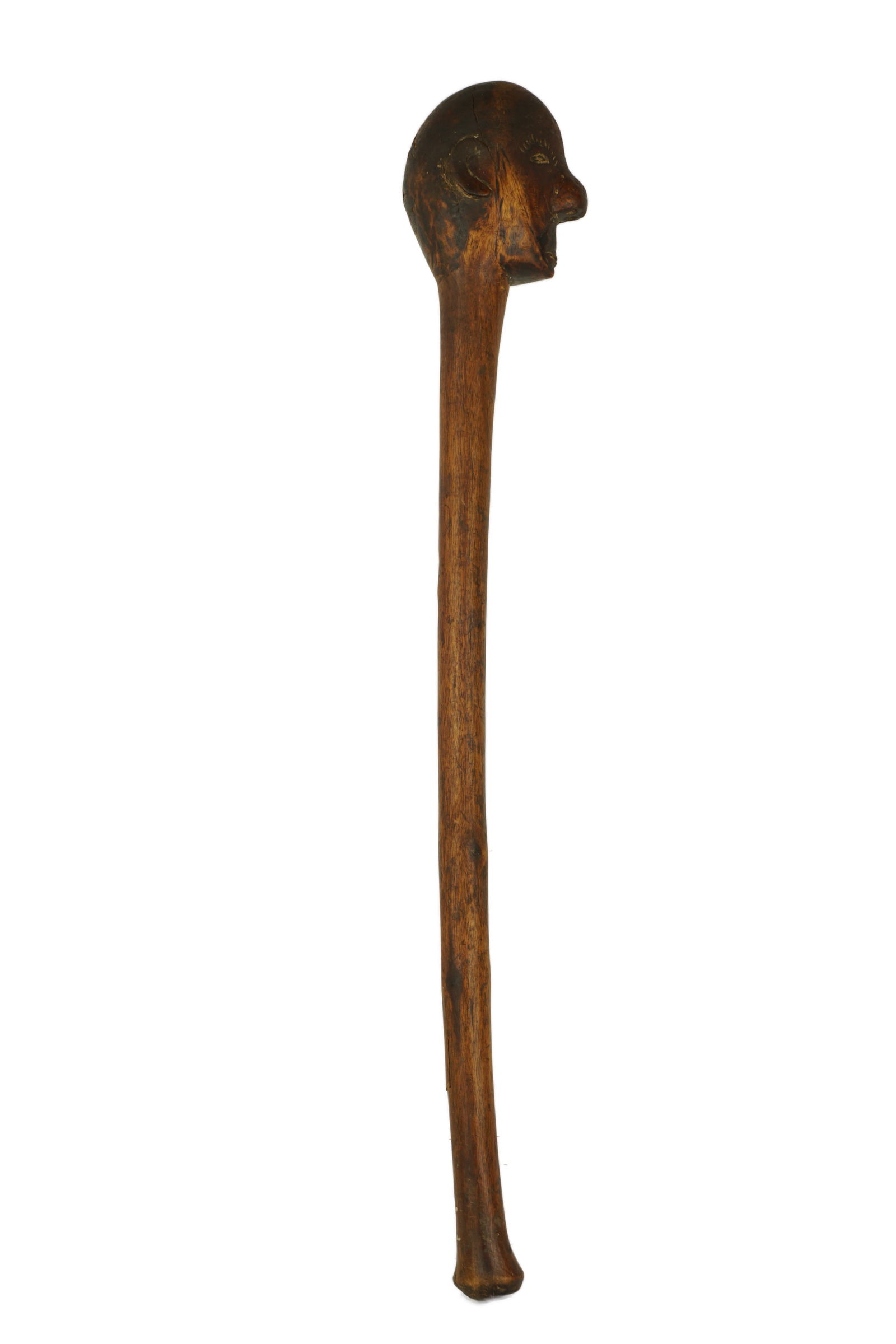 Anthropomorphic Staff: Early 19th to mid 20th century. Possibly from East or South Africa. An well crafted hand-carved walking staff or ceremonial "knobkerrie" fashioned from a single piece of dense, dark hardwood. The