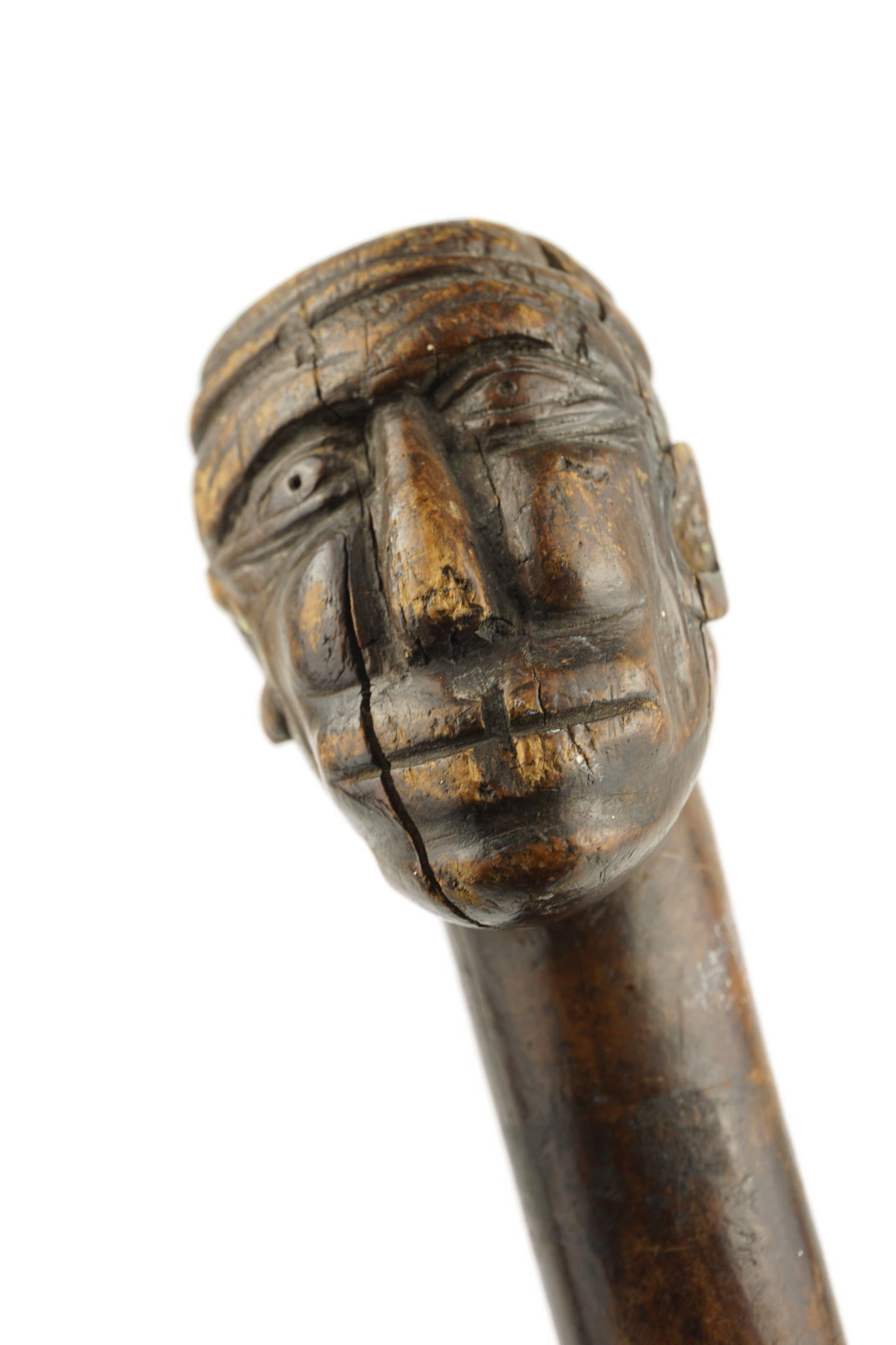 Anthropomorphic Staff: Mid 20th century. Possibly from East or South Africa. An well crafted hand-carved walking staff or ceremonial "knobkerrie" fashioned from a single piece of dense, dark hardwood. The wood has