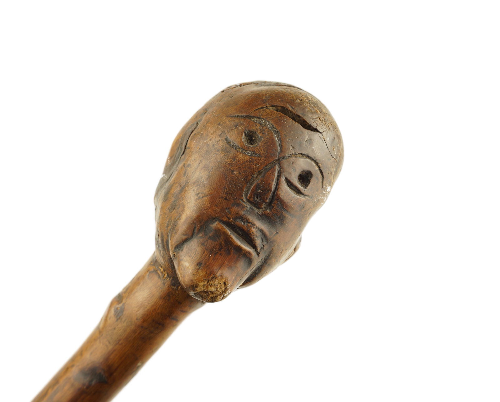 Anthropomorphic Staff: Early 19th to mid 20th century. Possibly from East or South Africa. An well crafted hand-carved walking staff or ceremonial "knobkerrie" fashioned from a single piece of dense, dark hardwood. The