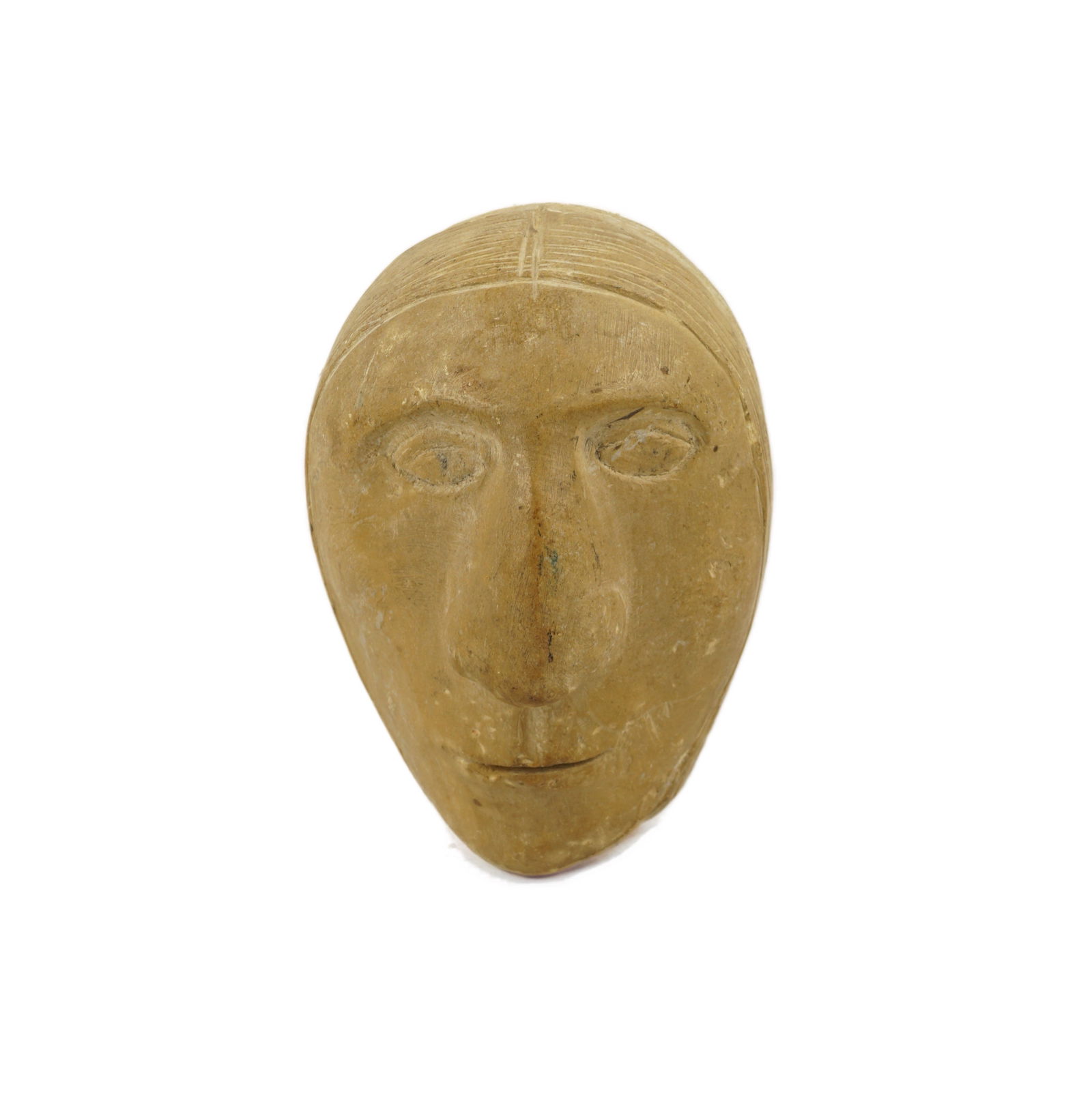 Native American Stone Head: Early 20th Century, Likely Sioux, Plains Indian. This is a very nice figural head carved into soft stone. It was likely used as a staff topper. It has several markings, including a collection marking,
