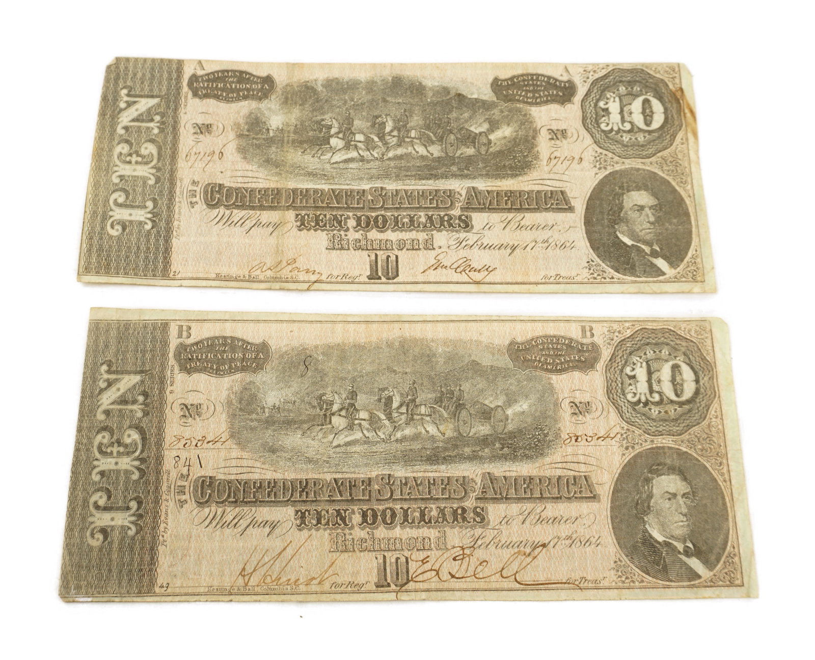 Pair of Confederate $10 Bills: Pair of Confederate $10 Bills. See photos for condition, series, numbering etc.