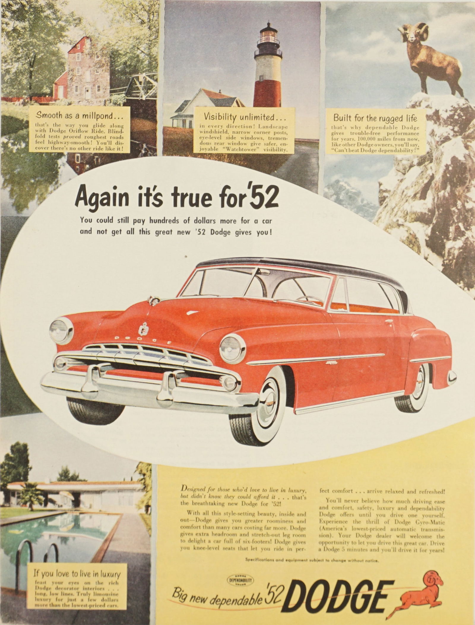 1952 Dodge Car Vintage Full Color Ad Art: 1952 Dodge Car vintage full color advertisement that makes a great piece of art to display. Unframed. Minor condition issues including minor tears, creases or stains. See photos for more details. Prov