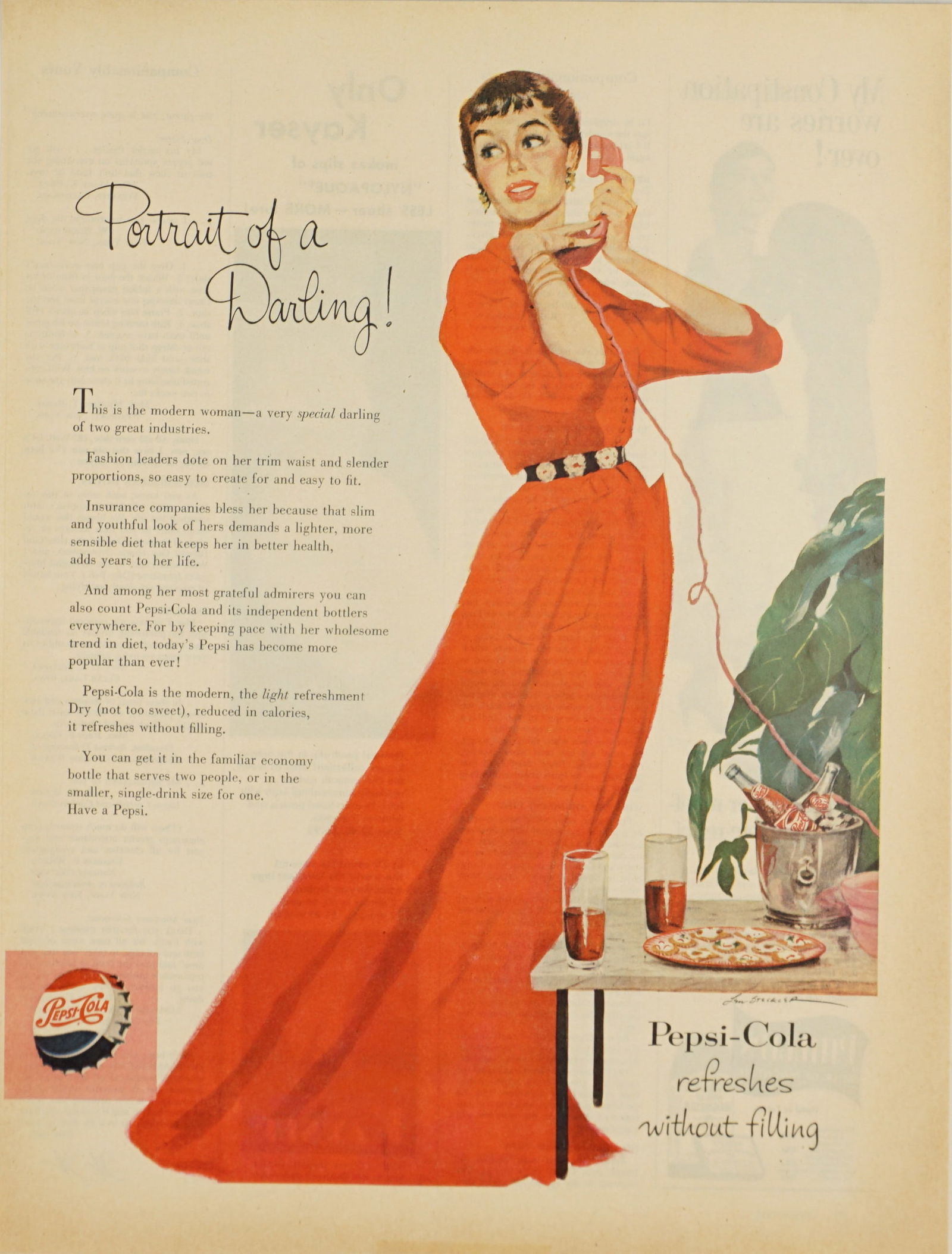 1954 Pepsi Vintage Full Color Ad Art: 1954 Pepsi Vintage full color advertisement that makes a great piece of art to display. Unframed. Minor condition issues including minor tears, creases or stains. See photos for more details. Provenan