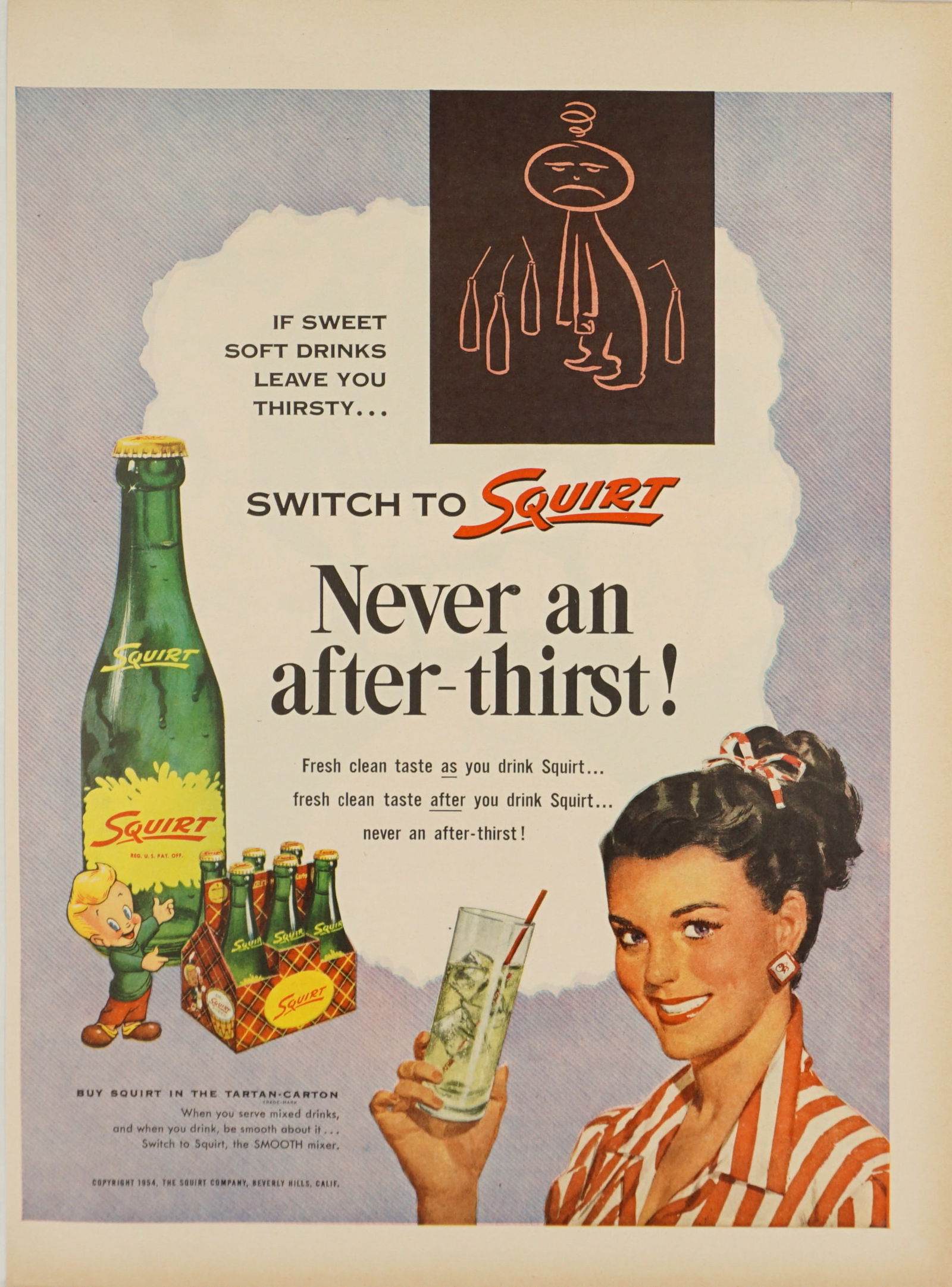 1954 Squirt Soda Vintage Full Color Ad Art: 1954 Squirt Soda vintage full color advertisement that makes a great piece of art to display. Unframed. Minor condition issues including minor tears, creases or stains. See photos for more details. Pr