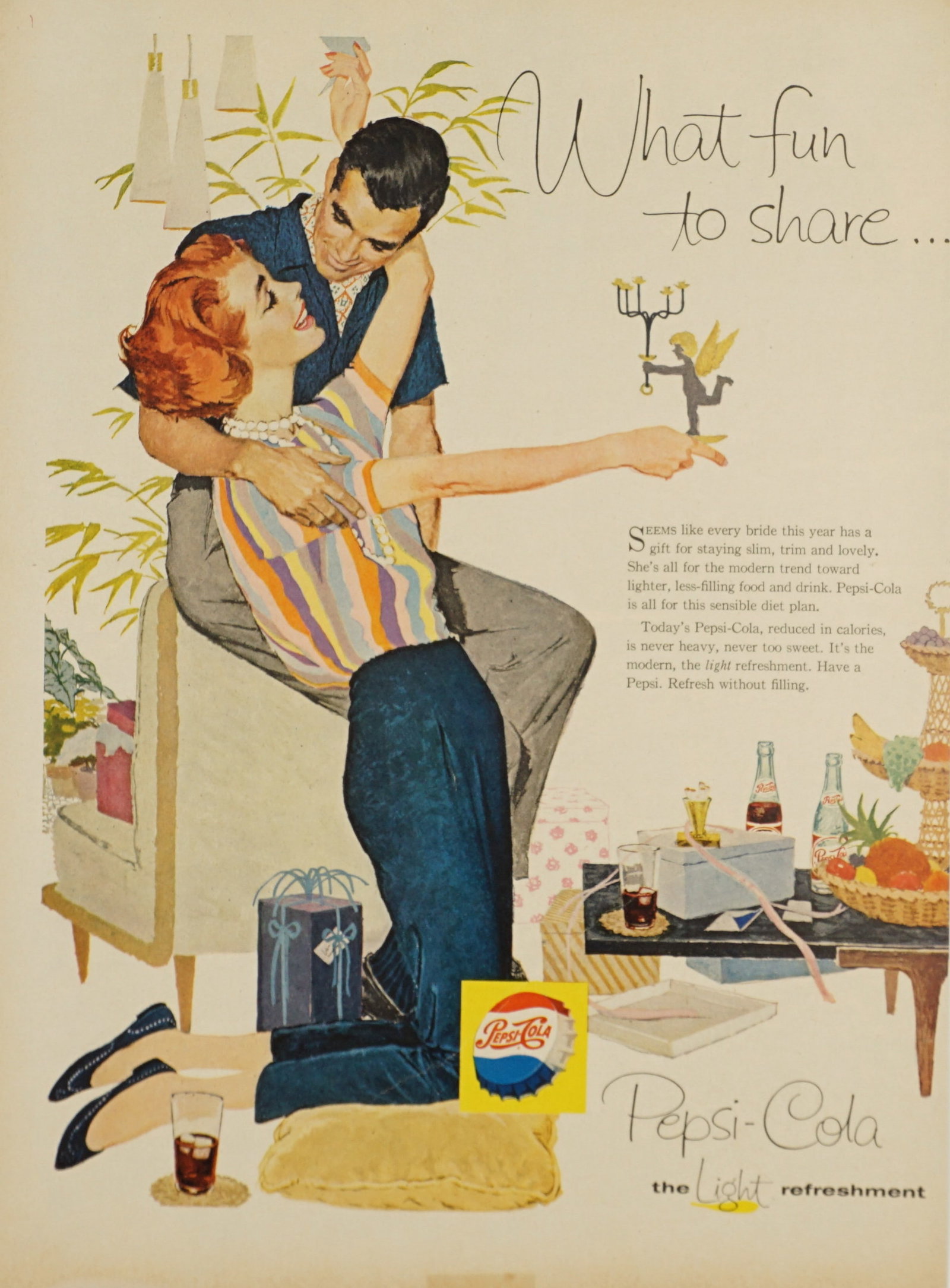 1958 Pepsi Vintage Full Color Ad Art: 1958 Pepsi vintage full color advertisement that makes a great piece of art to display. Unframed. Minor condition issues including minor tears, creases or stains. See photos for more details. Provenan