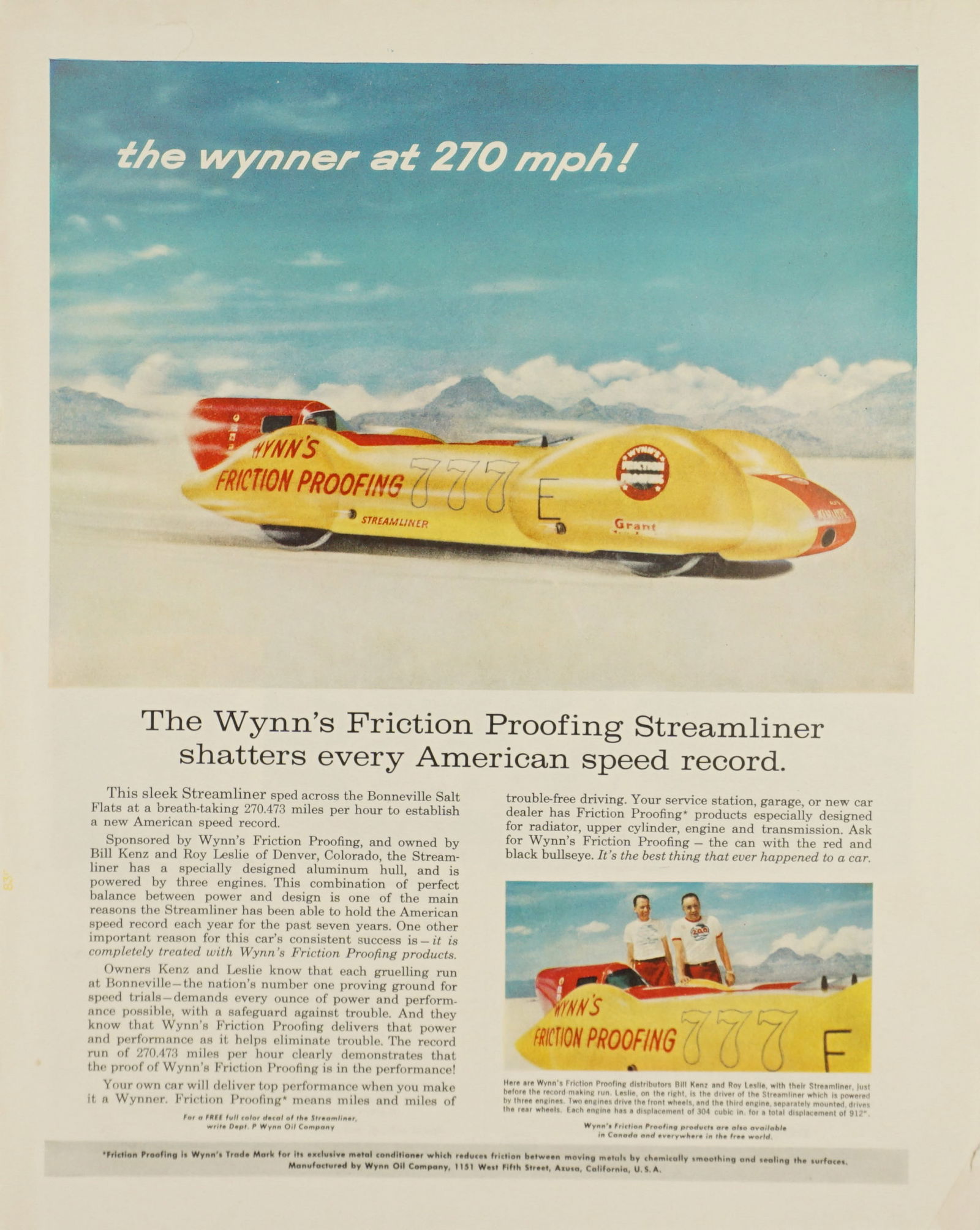 1960s Wynn Oil Car Vintage Full Color Ad Art: 1960s Wynn Oil Car vintage full color advertisement that makes a great piece of art to display. Unframed. Has a crease and tear in the bottom right hand corner and a water stain in the top right. See