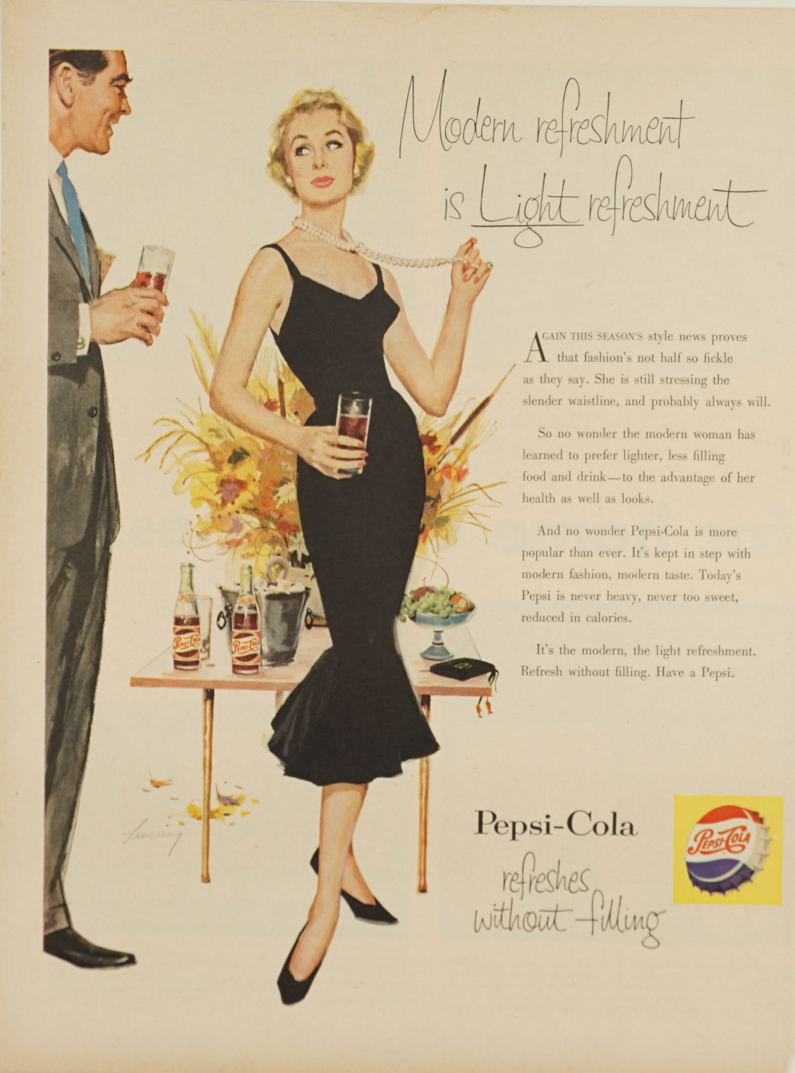 1955 Pepsi Vintage Full Color Ad Art: 1955 Pepsi vintage full color advertisement that makes a great piece of art to display. Unframed. Minor condition issues including minor tears, creases or stains. See photos for more details.