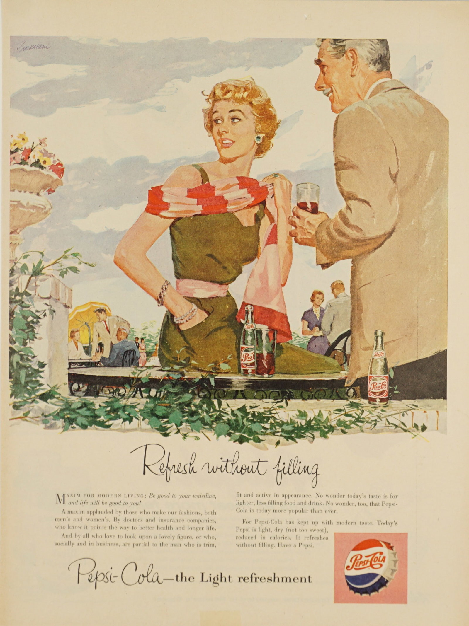 1954 Pepsi Vintage Full Color Ad Art: 1954 Pepsi vintage full color advertisement that makes a great piece of art to display. Unframed. Minor condition issues including minor tears, creases or stains. Has a small hole in the top of the