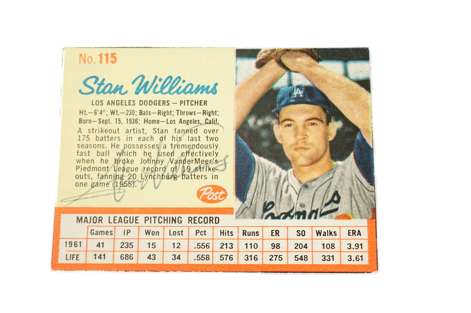 Stan Williams Autographed Card: Post no. 115 hand cut card with Stan Williams Autograph. This autograph came in a batch of other cards that were graded and came back as authentic. See photos for condition. Edges are rougher as this