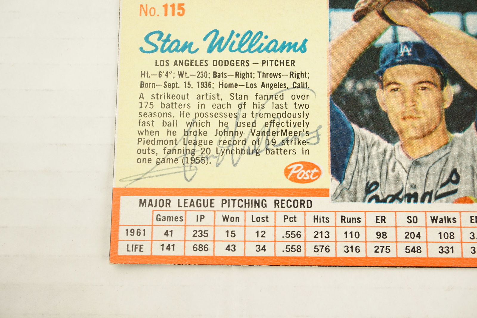 Stan Williams Autographed Card - 4