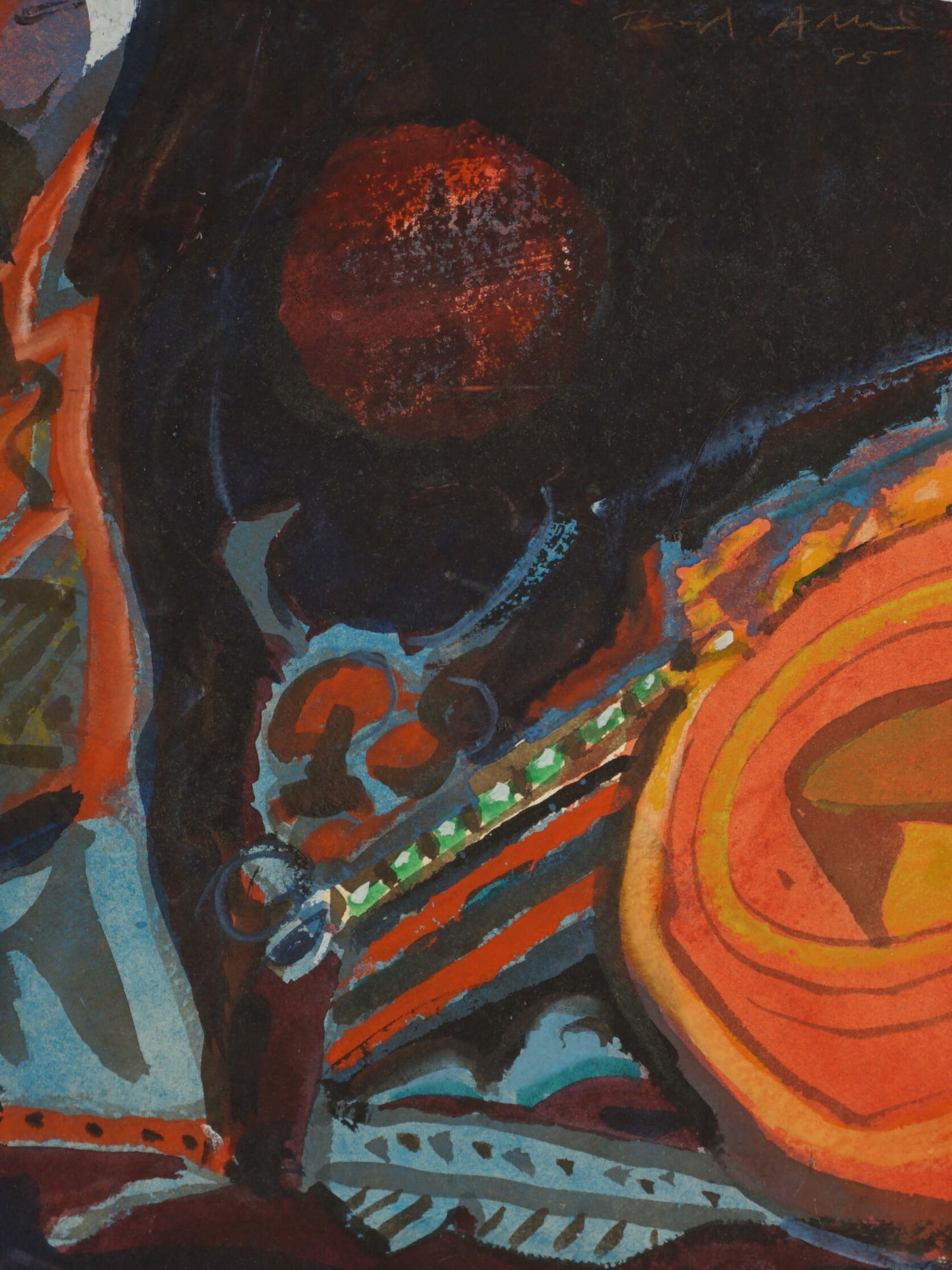 Abstract Gouache, Watercolor, Pastel on Paper: Abstract Gouache, Watercolor, Pastel on Paper by an unknown artist on layered paper. Signed and dated in the top right. (1995). See photos for condition. Ink splotches from studio handling.