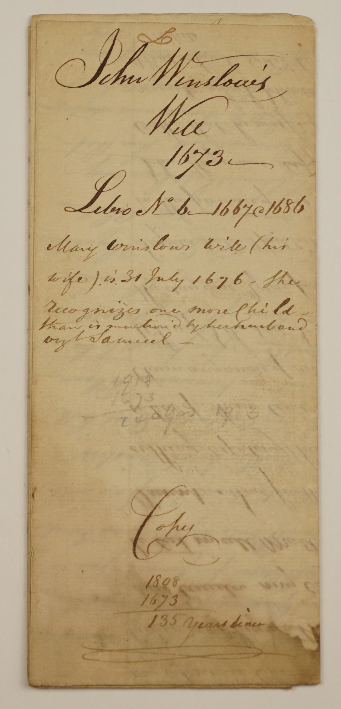 Manuscript Copy of the 1673 Will of Mayflower Descendant John Winslow (1 of 8)
