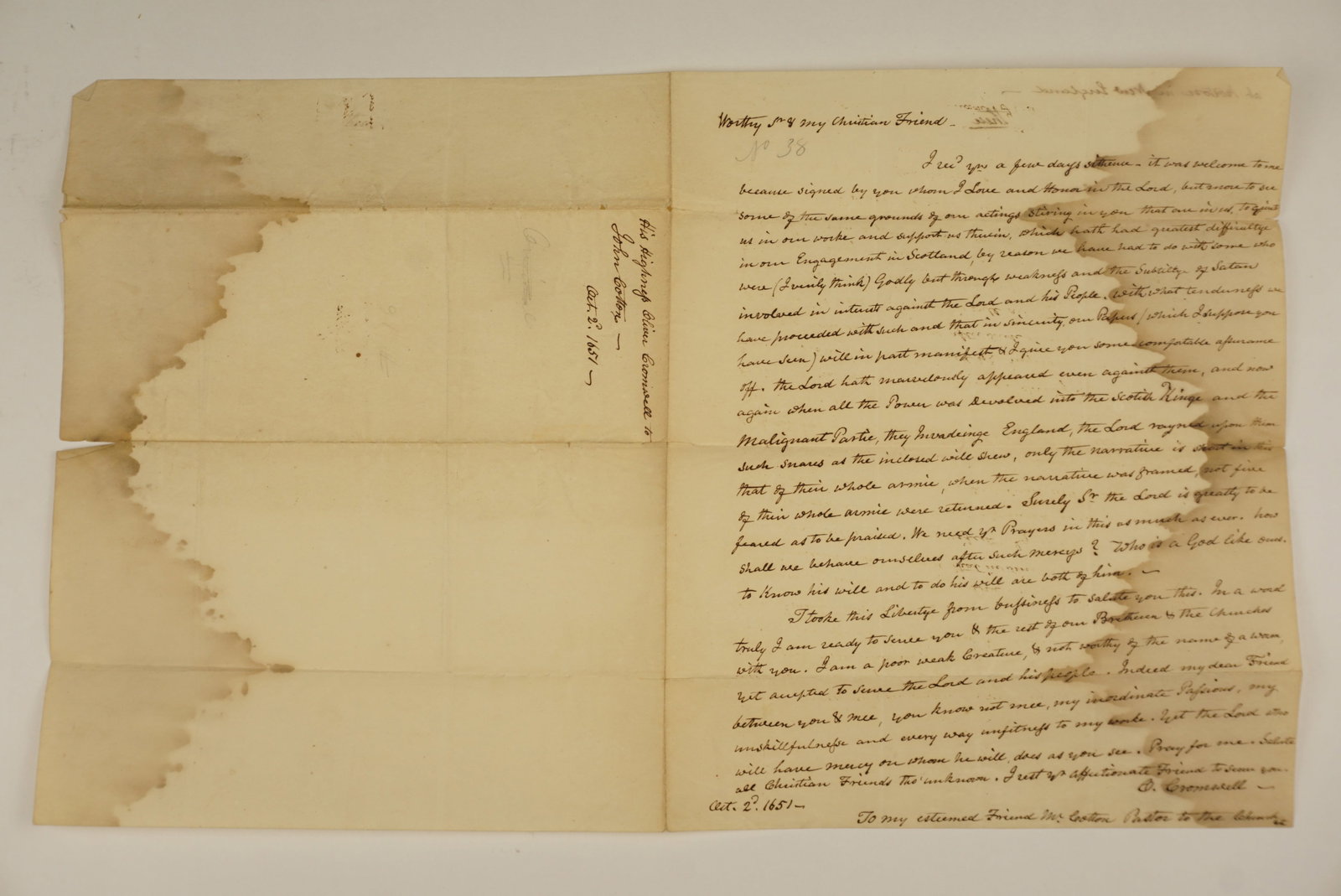 Manuscript Copy of 1651 Oliver Cromwell Letter to Puritan Minister John Cotton (1 of 5)