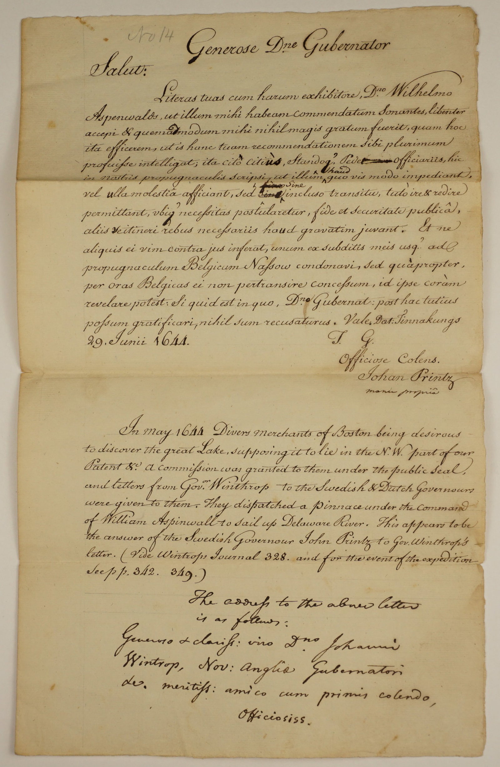 17th C. Style Manuscript: New Sweden Gov. Johan Printz to Gov. John Winthrop, 1644 (1 of 4)