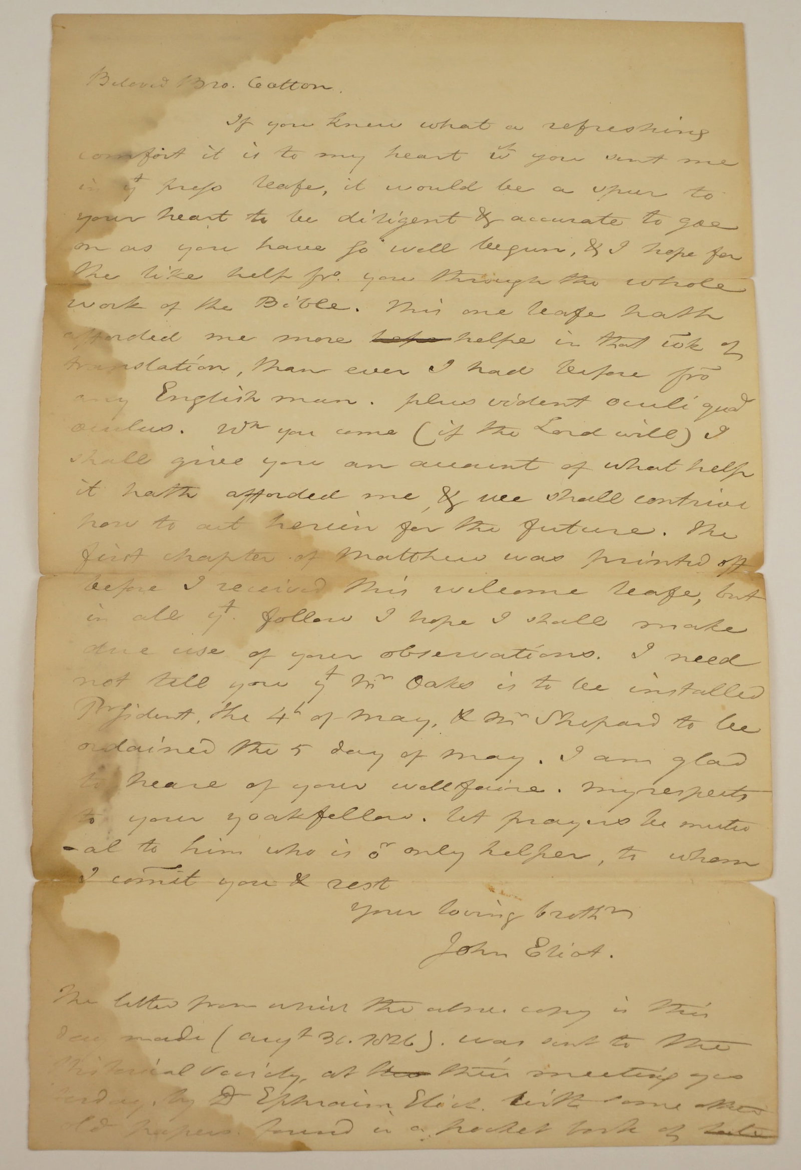 1826 Manuscript Copy of John Eliot 1600s Letter on Indian Bible Translation (1 of 3)