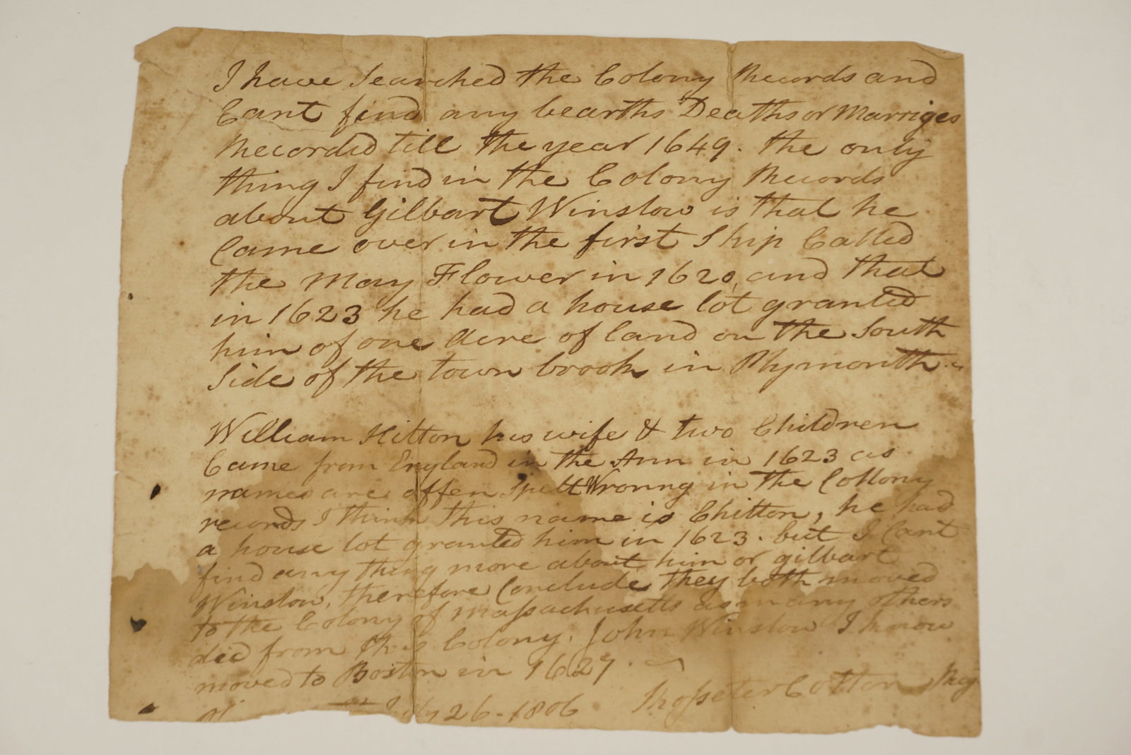 1806 Mayflower Genealogy Manuscript Notes: Gilbert Winslow & William Hilton: A vital piece of early American genealogical research explicitly dated July 26, 1806, signed by "Thos. Peter Cotton" (or similar). The scholar outlines his search of the earliest 1649 Colony Records t