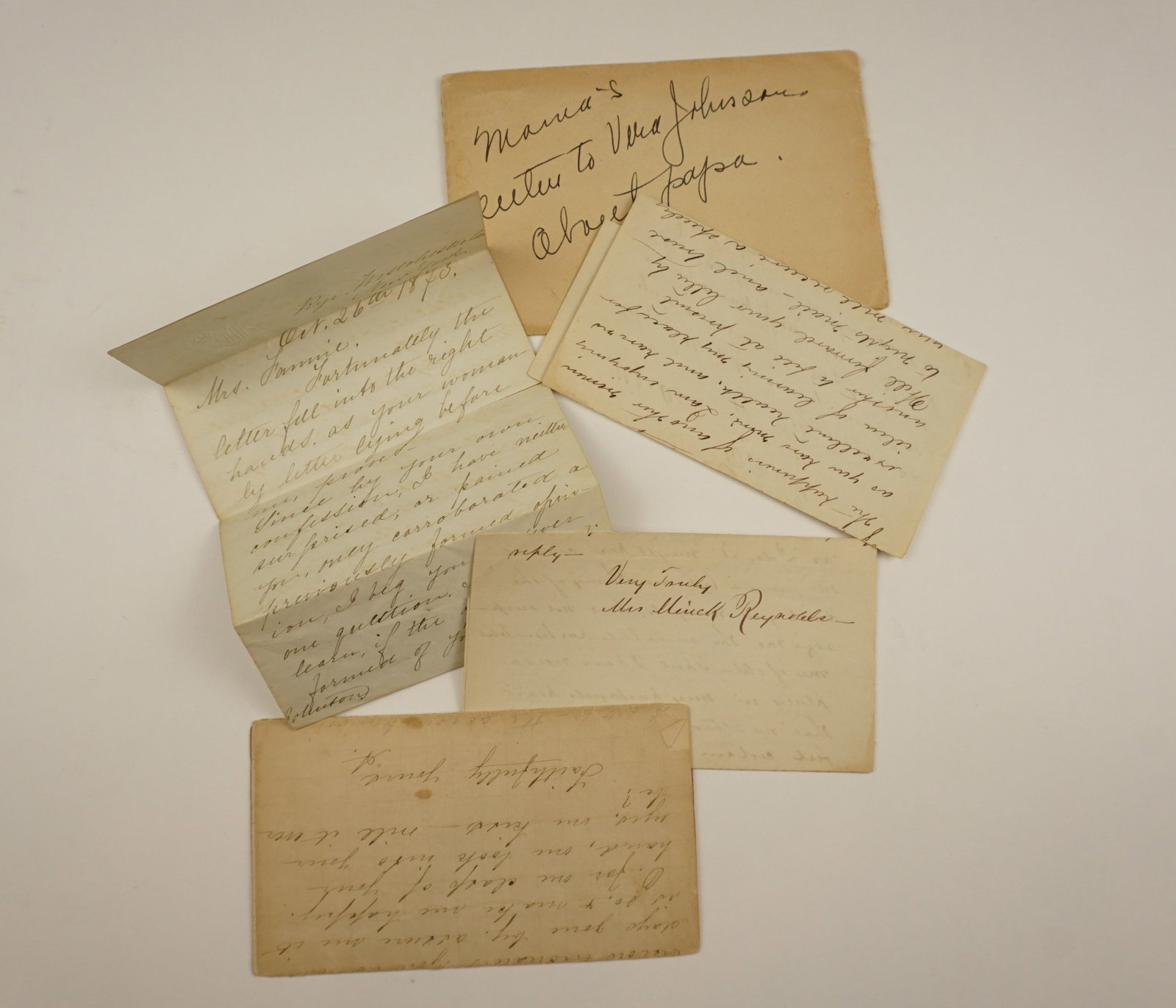 Lot of 19th C. Victorian Manuscript Love Letters & Correspondence, Dated 1876: A small collection of 19th-century personal family letters. One prominent component is a multi-page letter explicitly dated October 26th, 1876, addressed to a "Mrs. Fannie" from "Mrs. Minck Reynolds,"
