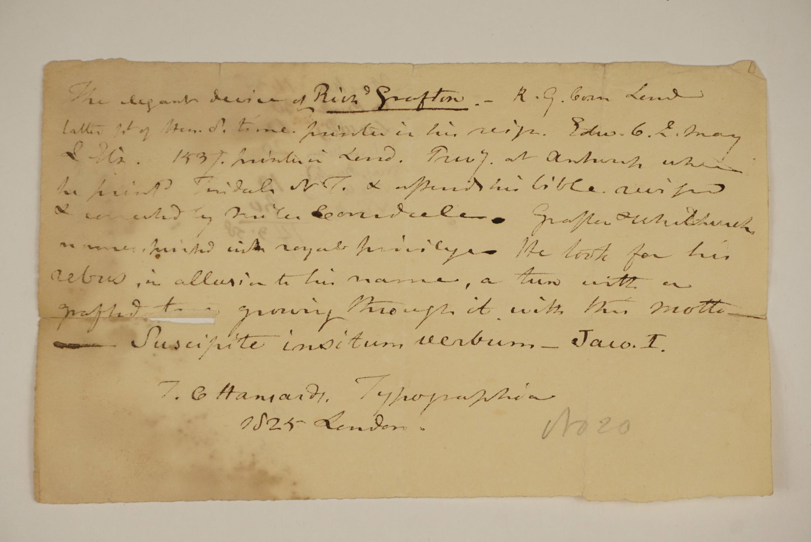 c. 1825 Printing History Manuscript Notes on 16th C. Bible Printer Richard Grafton (1 of 3)