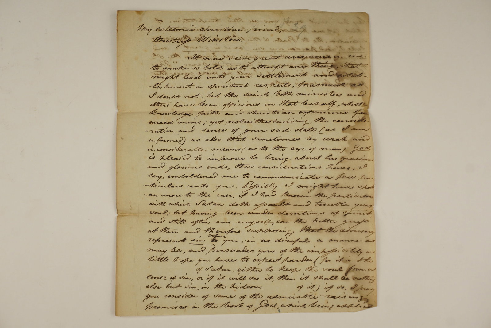 Puritan Era Style Manuscript Letter of Spiritual Counsel to Mister John Winslow: A detailed manuscript copy of a pastoral letter of spiritual guidance. The letter opens with the direct greeting, "My esteemed Christian friend, Mister Winslow." The writer offers humble, intense spir