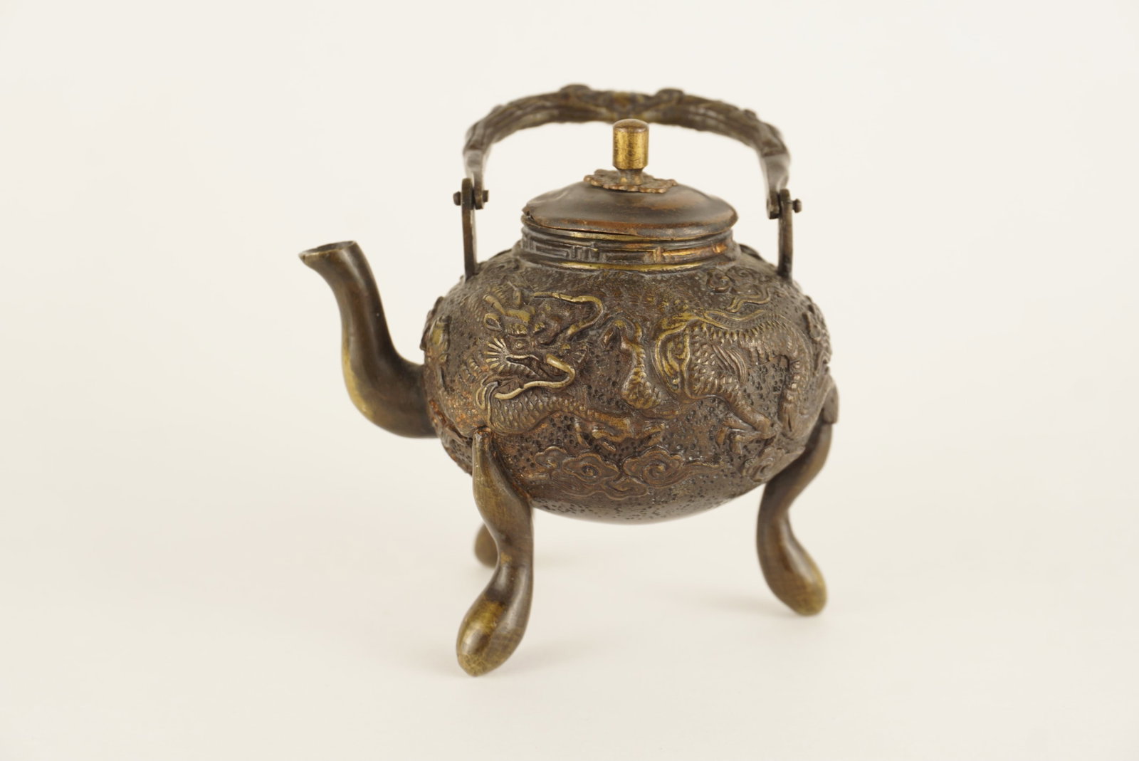 Antique Chinese Three-Legged Bronze Dragon Teapot, Relief Raised Decoration (1 of 5)
