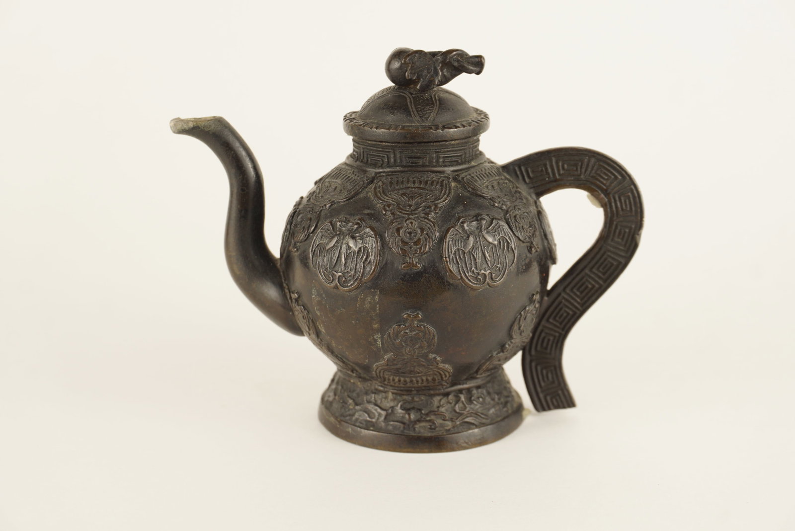 Antique Chinese Bronze Teapot, Relief Medallion & Key Fret Pattern (1 of 5)