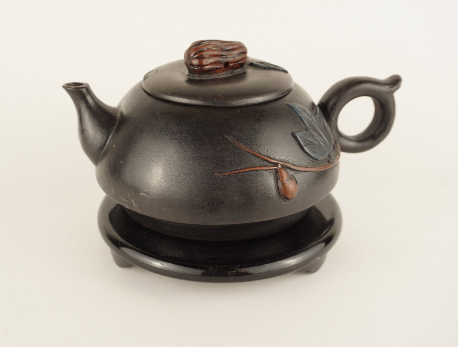 Chinese Yixing Zisha Clay Teapot with Stand, Applied Floral Leaf Motif (1 of 5)