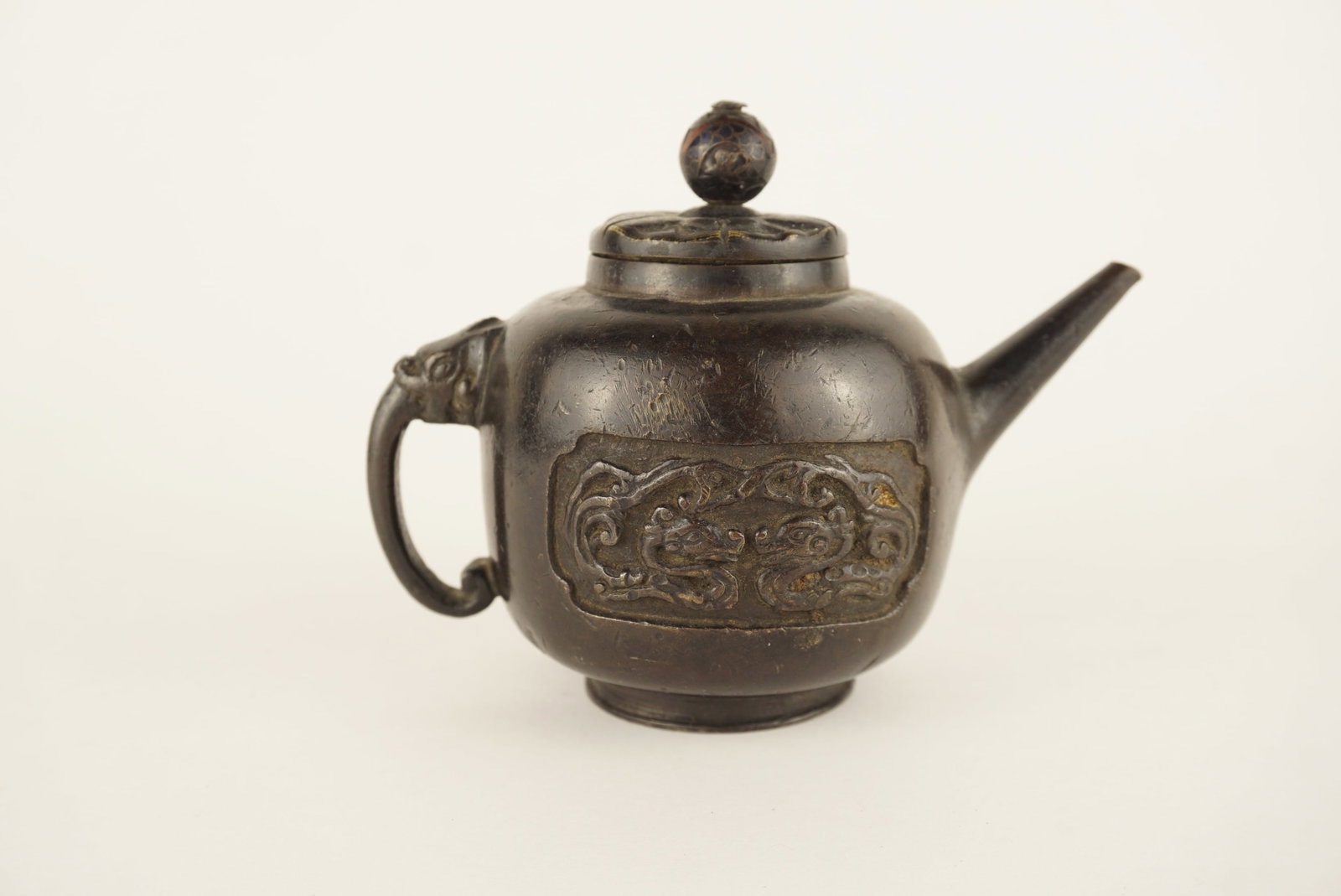 Antique Chinese Bronze Teapot, Relief Dragon Panels & Cloisonne Finial: SHIPPING NOTE: We have in house shipping and can do fairly cheap rates, and I am more than happy to combine shipping. I can often do better than the Live Auctioneers shipping quote, so bid away! Feel 