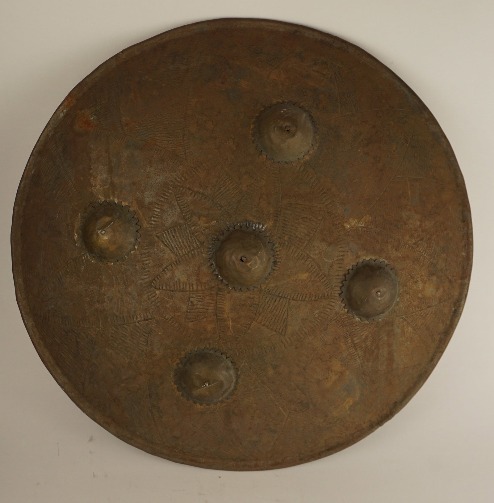Antique Indo-Persian Engraved Brass Shield, Five Boss Dhal Target Shield: SHIPPING NOTE: We have in house shipping and can do fairly cheap rates, and I am more than happy to combine shipping. I can often do better than the Live Auctioneers shipping quote, so bid away! Feel 