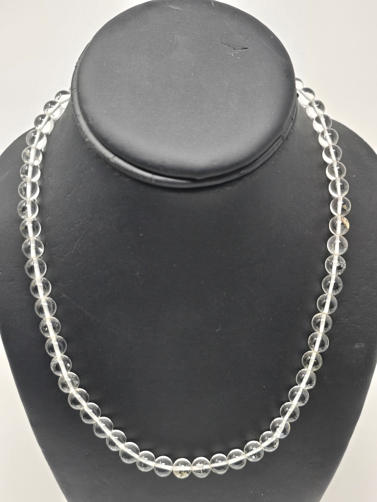 Round-beaded Necklace with 925 Sterling Silver Box Clasp: Clear Lucite Round-beaded Necklace with 925 Sterling Silver Box Clasp and Safety Closure Approx. 16" length 34.83g