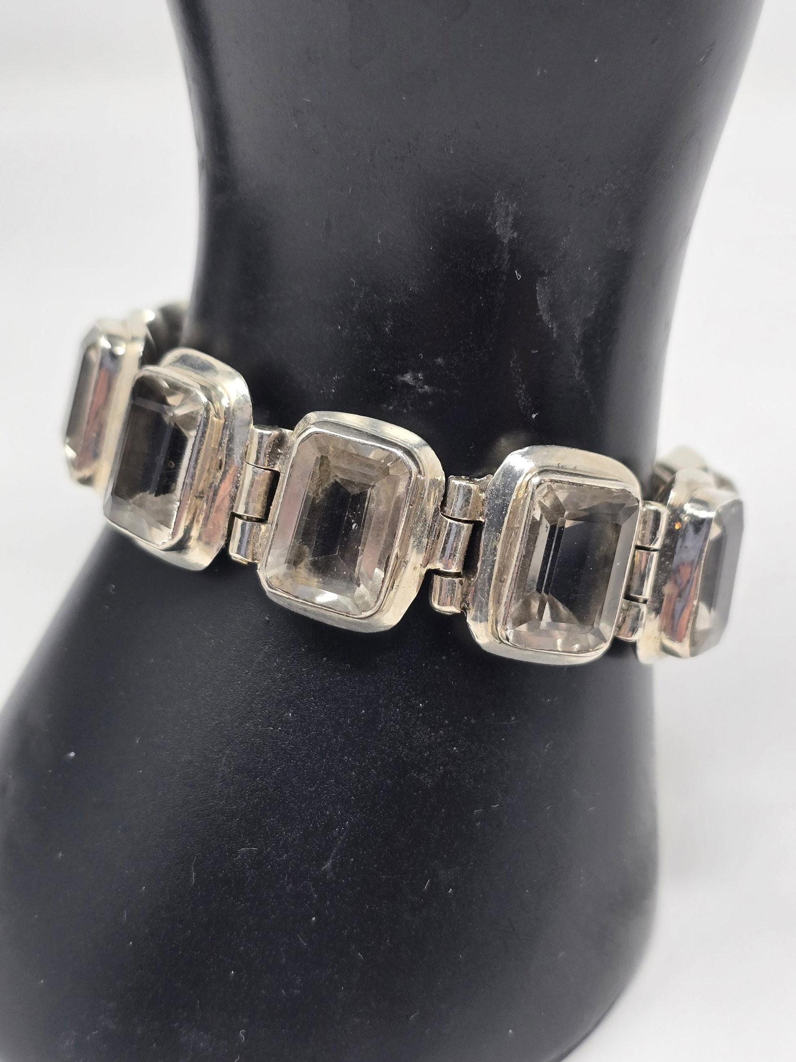 925 Sterling Silver Bracelet: 925 Sterling Silver Emerald Cut Crystal Box Clasp Bracelet Stone Bezel Set Approx. 8" Length 70.64g