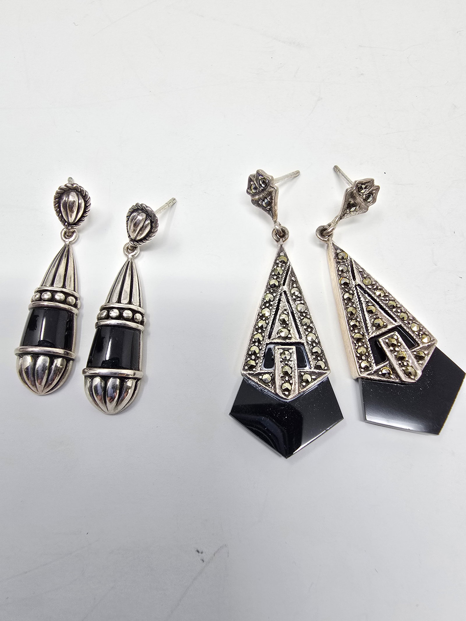 2 Pairs 925 Sterling Silver Dangle Earrings: 2 Pairs 925 Sterling Silver Dangle Earrings 1-Onyx-Marcasite Geometric Shape 2-Onyx Teardrop Style 15.26g