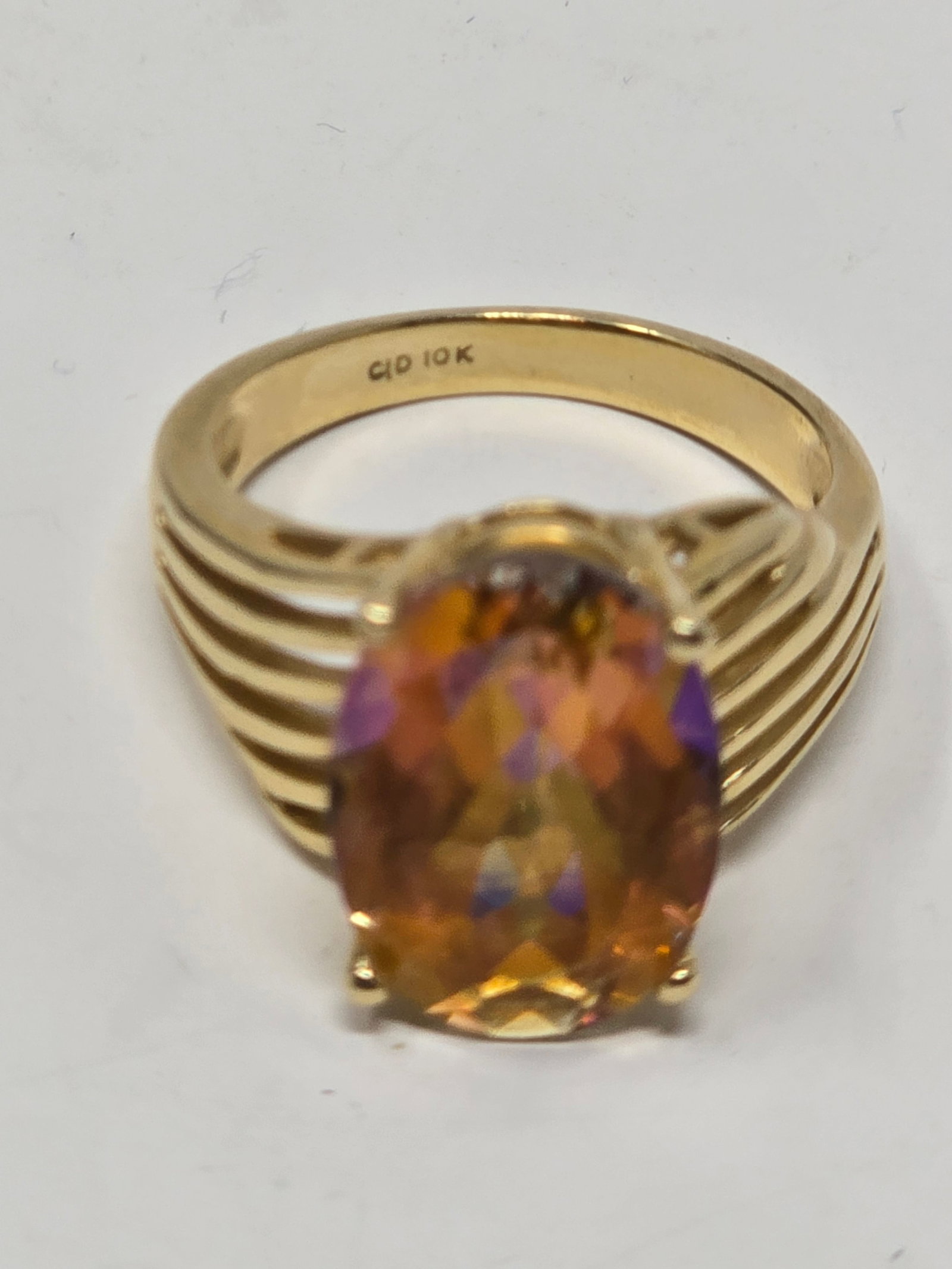 10K Gold Ring: 10K Gold Ring Featuring A Large Oval-cut Twilight Fire Topaz Solitaire Gemstone Wide Ribbed Band Tapers Toward The Back Size 6 5.02g