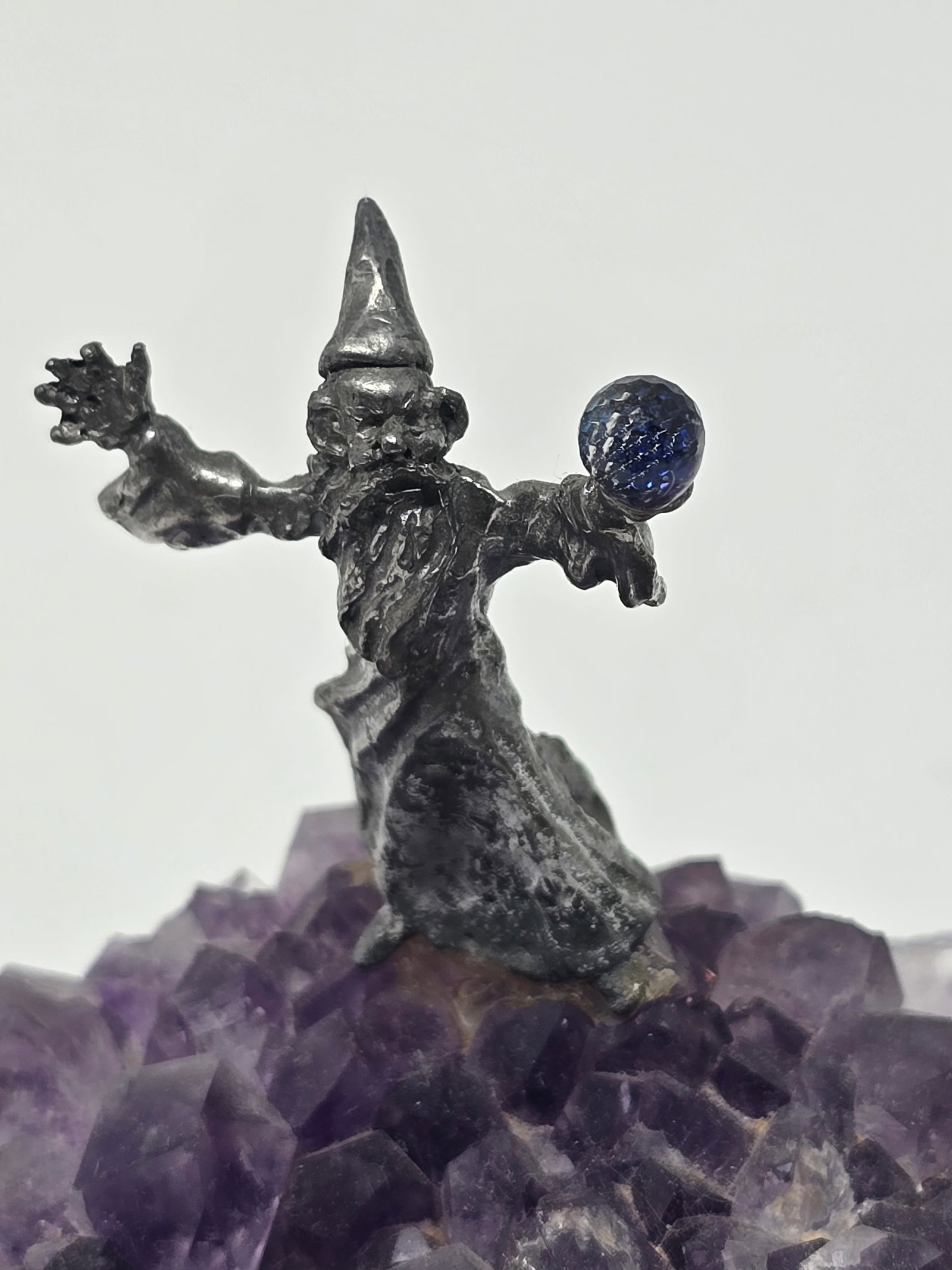 Amethyst Cluster with Vintage Pewter Wizard Figurine Holding a Crystal Ball. - 2
