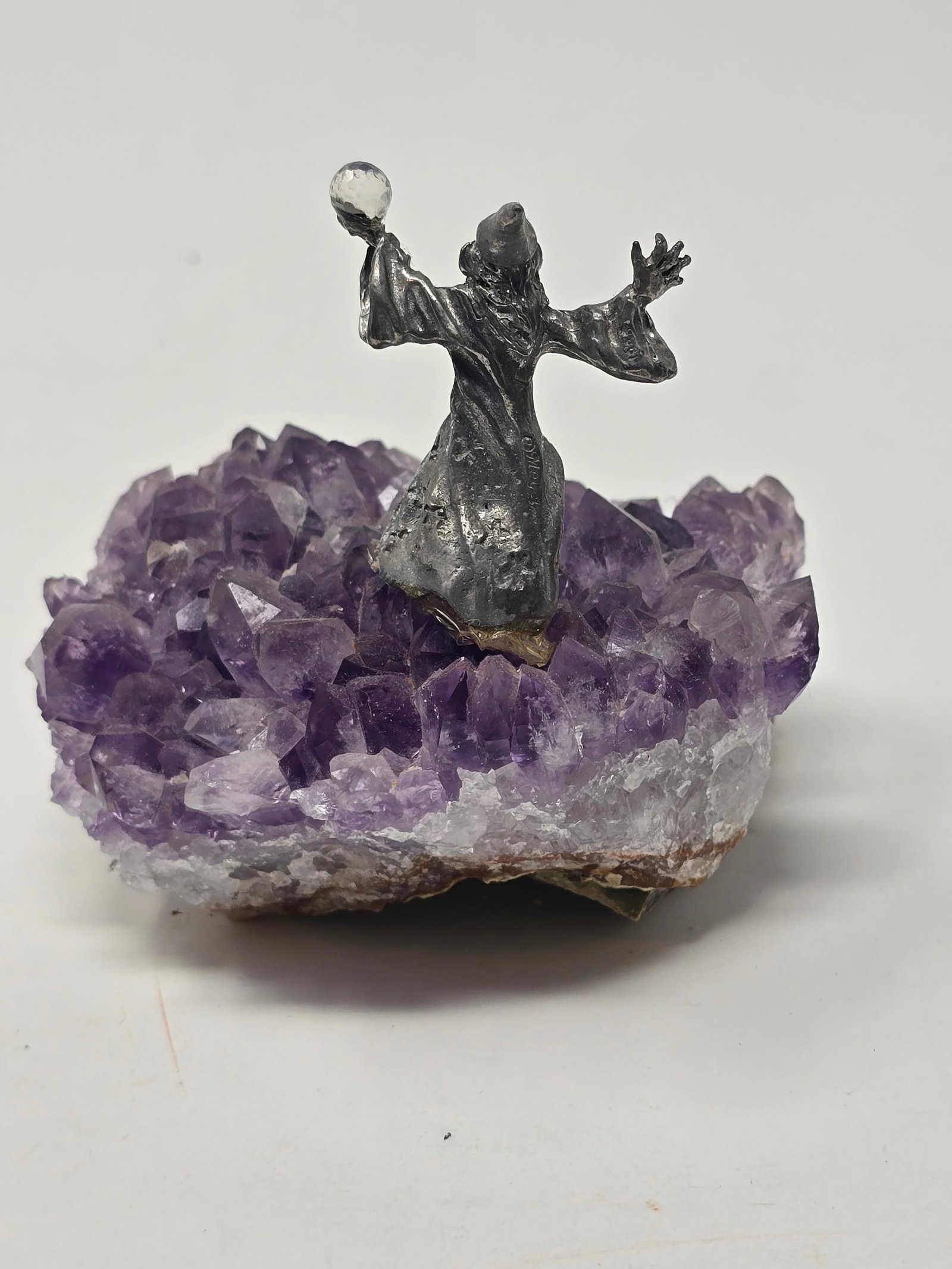 Amethyst Cluster with Vintage Pewter Wizard Figurine Holding a Crystal Ball. - 3